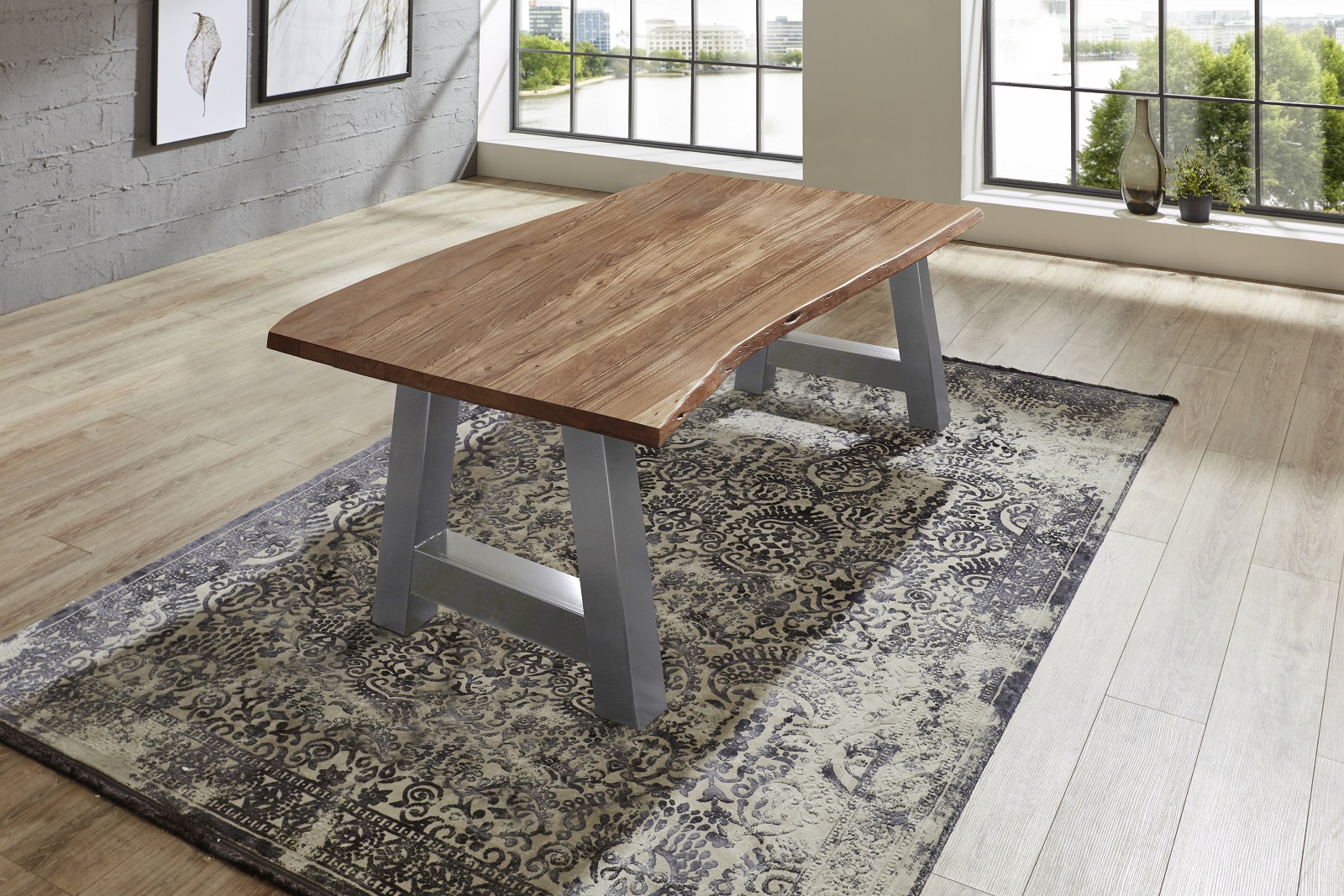 Esstisch Baumkante massiv Akazie natur 120 x 80 silber ATHEN