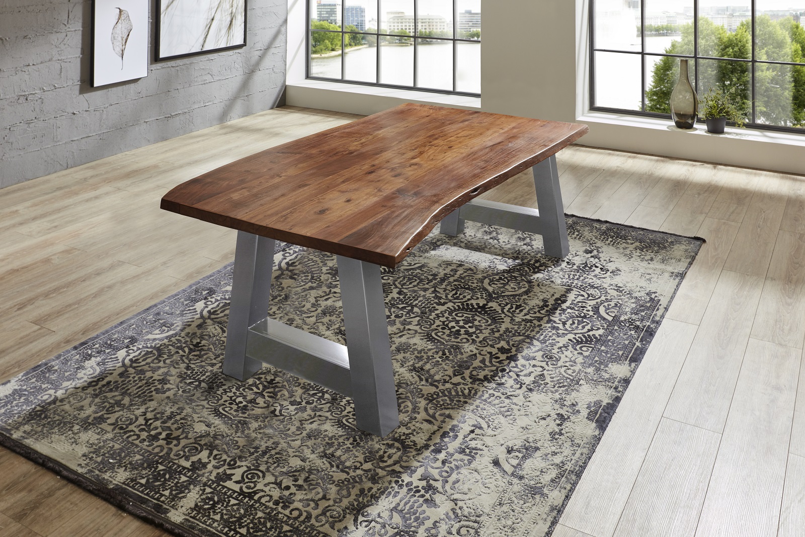 Esstisch Baumkante massiv Akazie nussbaum 140 x 80 silber ATHEN