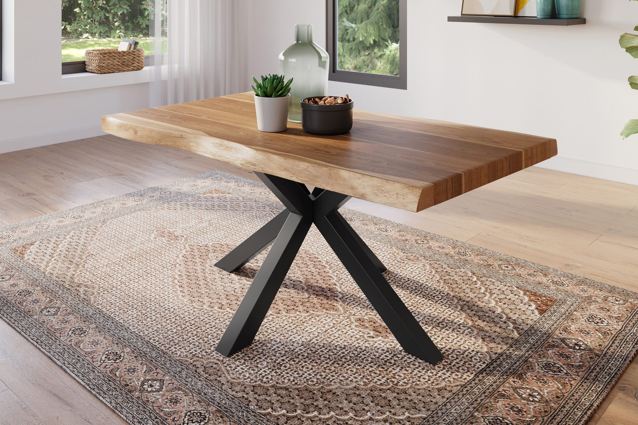 Esstisch 160 x 85 cm Akazie massiv natur Baumkantentisch Spider-Gestell schwarz ATLAS