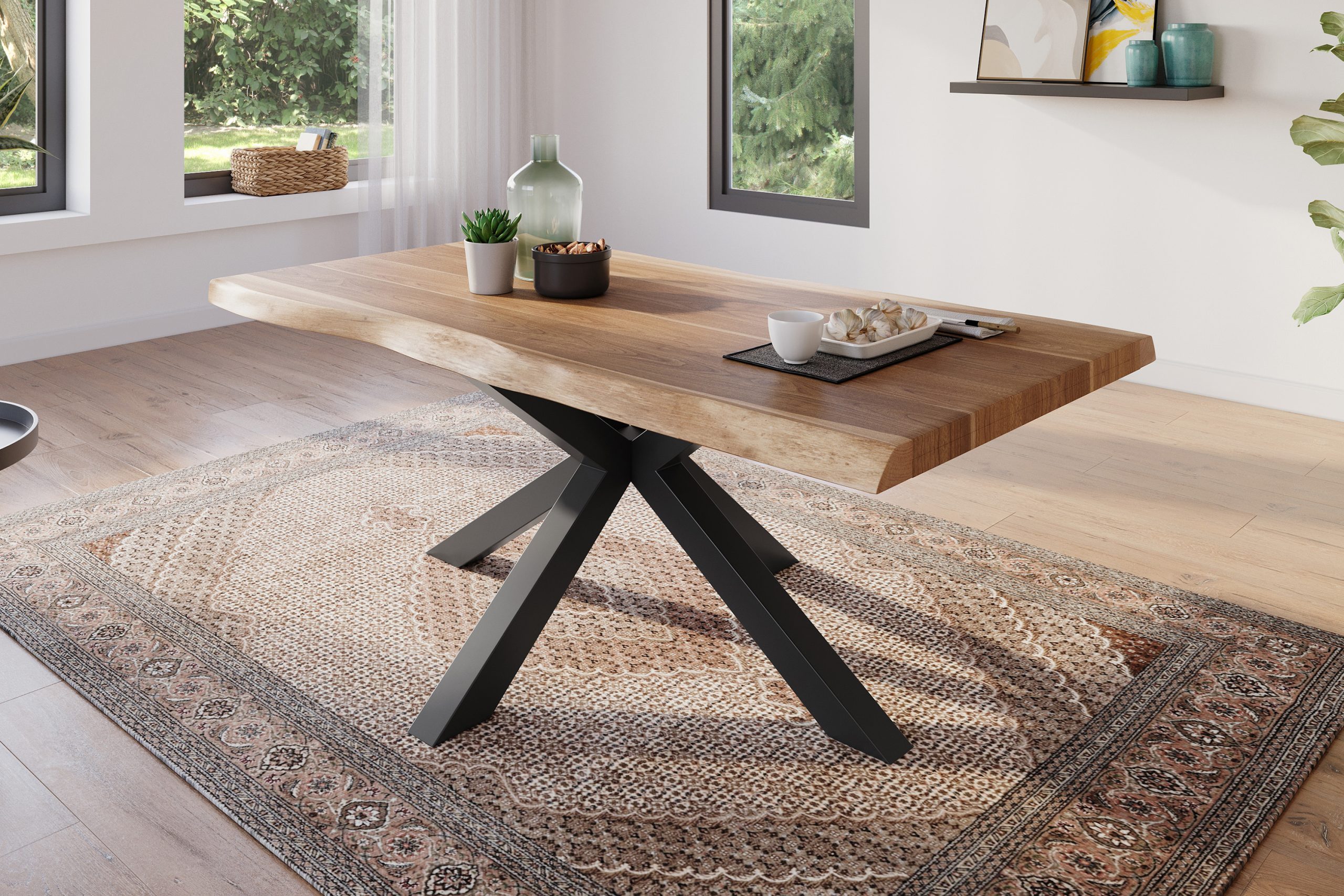 Esstisch 180 x 90 cm Akazie massiv natur Baumkantentisch Spider-Gestell schwarz ATLAS