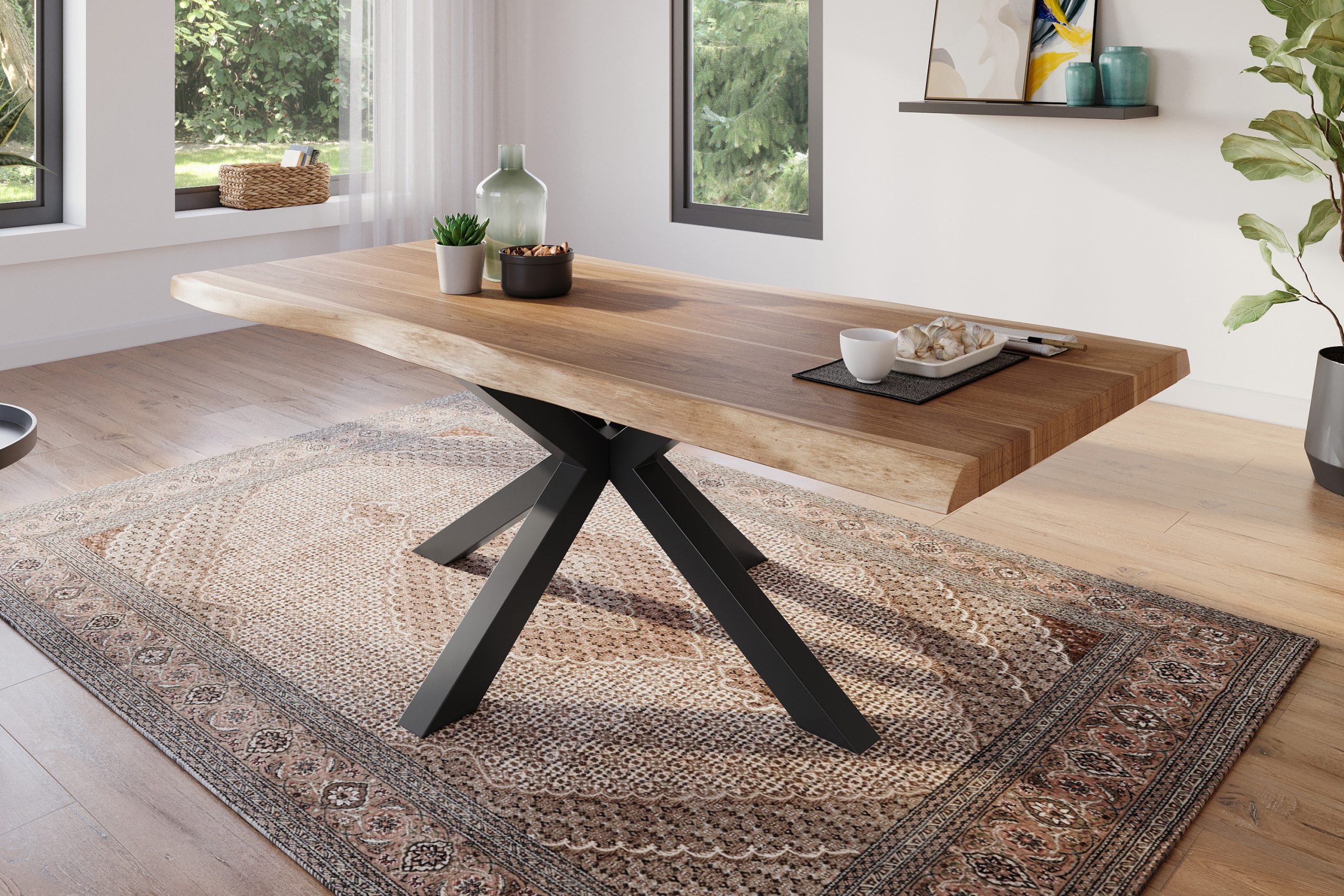 Esstisch 240 x 100 cm Akazie massiv natur Baumkantentisch Spider-Gestell schwarz ATLAS