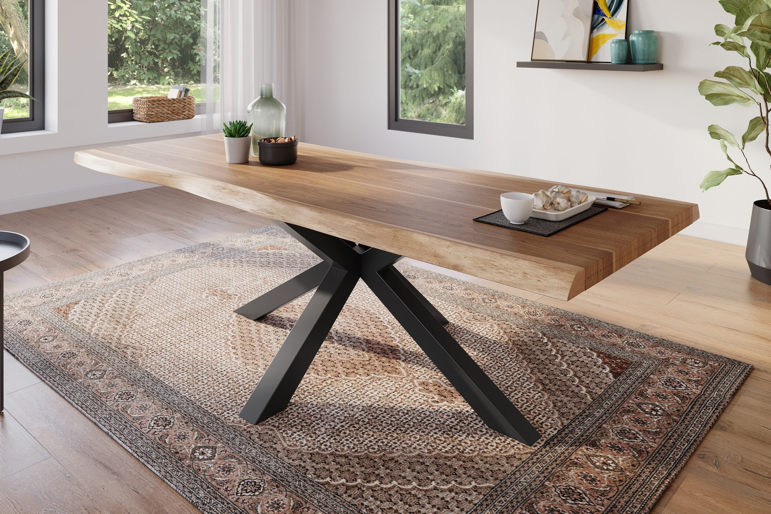 Esstisch 280 x 100 cm Akazie massiv natur Baumkantentisch Spider-Gestell schwarz ATLAS