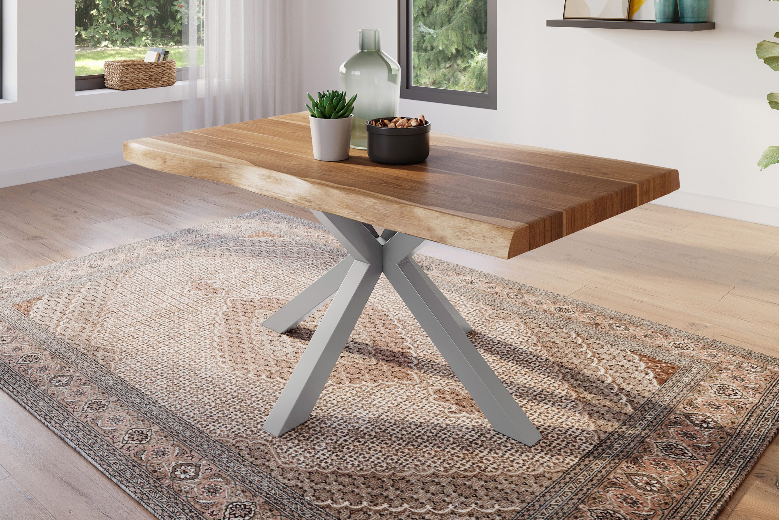 Esstisch 140 x 80 cm Akazie massiv natur Baumkantentisch Spider-Gestell silber ATLAS