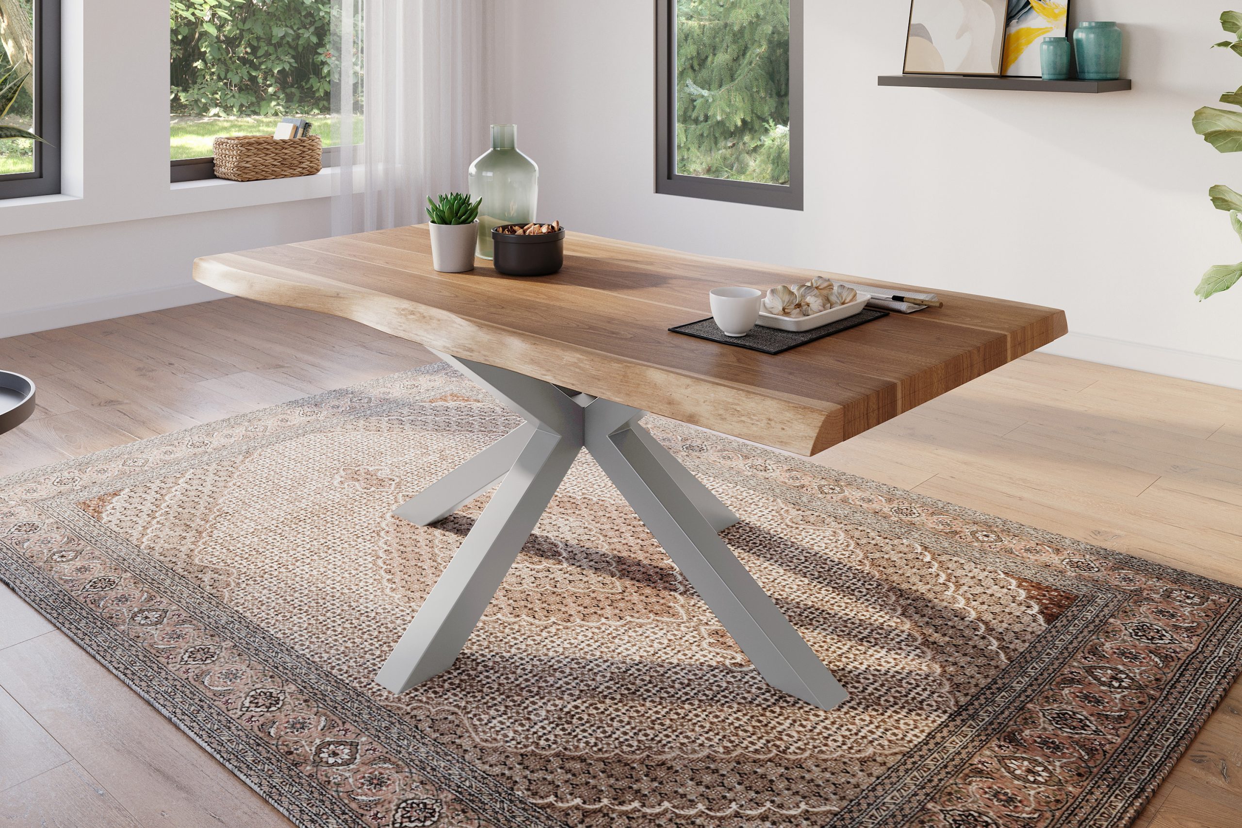 Esstisch 180 x 90 cm Akazie massiv natur Baumkantentisch Spider-Gestell silber ATLAS