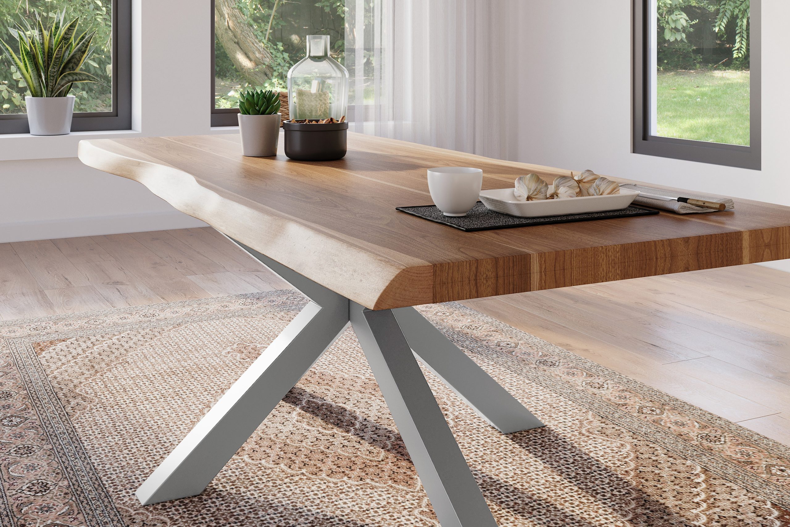 Esstisch 200 x 100 cm Akazie massiv natur Baumkantentisch Spider-Gestell silber ATLAS – Bild 5