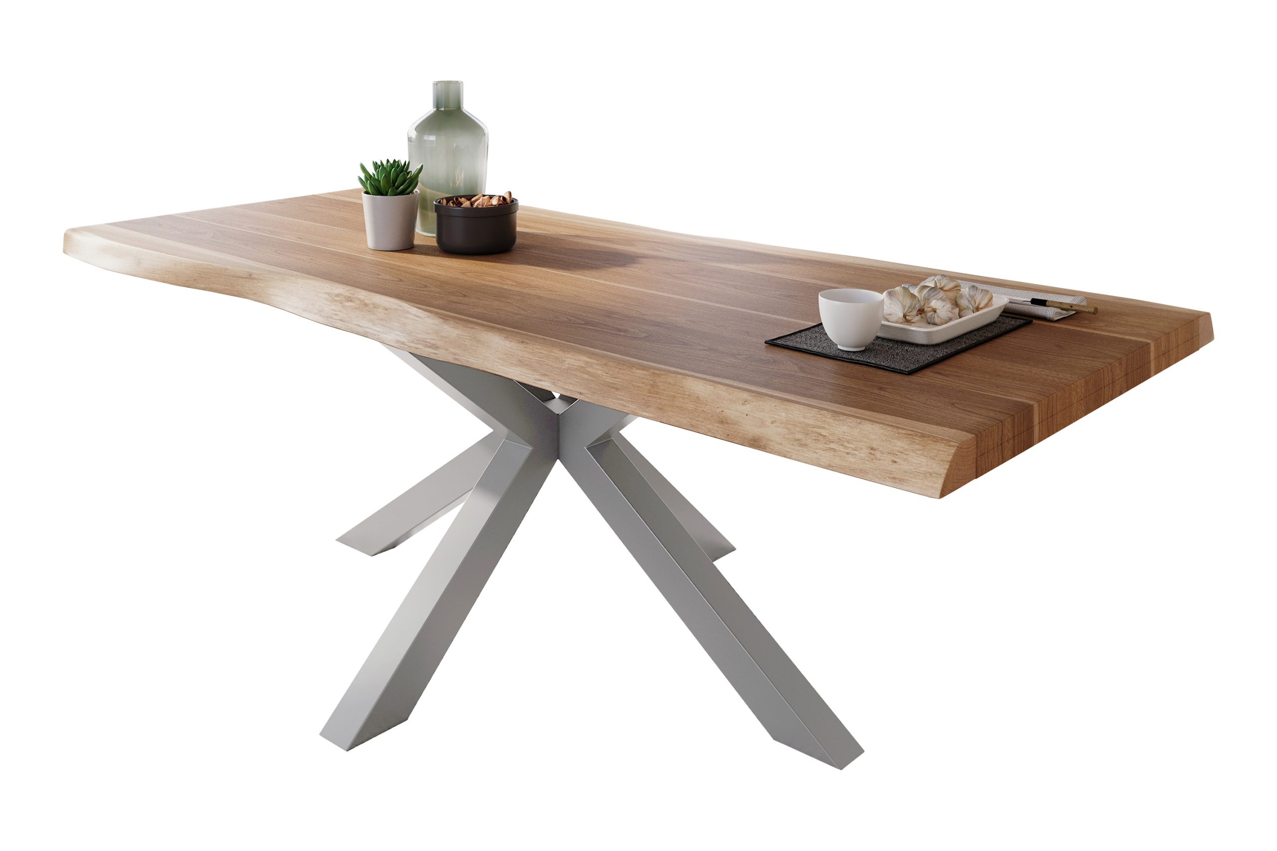 Esstisch 220 x 100 cm Akazie massiv natur Baumkantentisch Spider-Gestell silber ATLAS – Bild 3