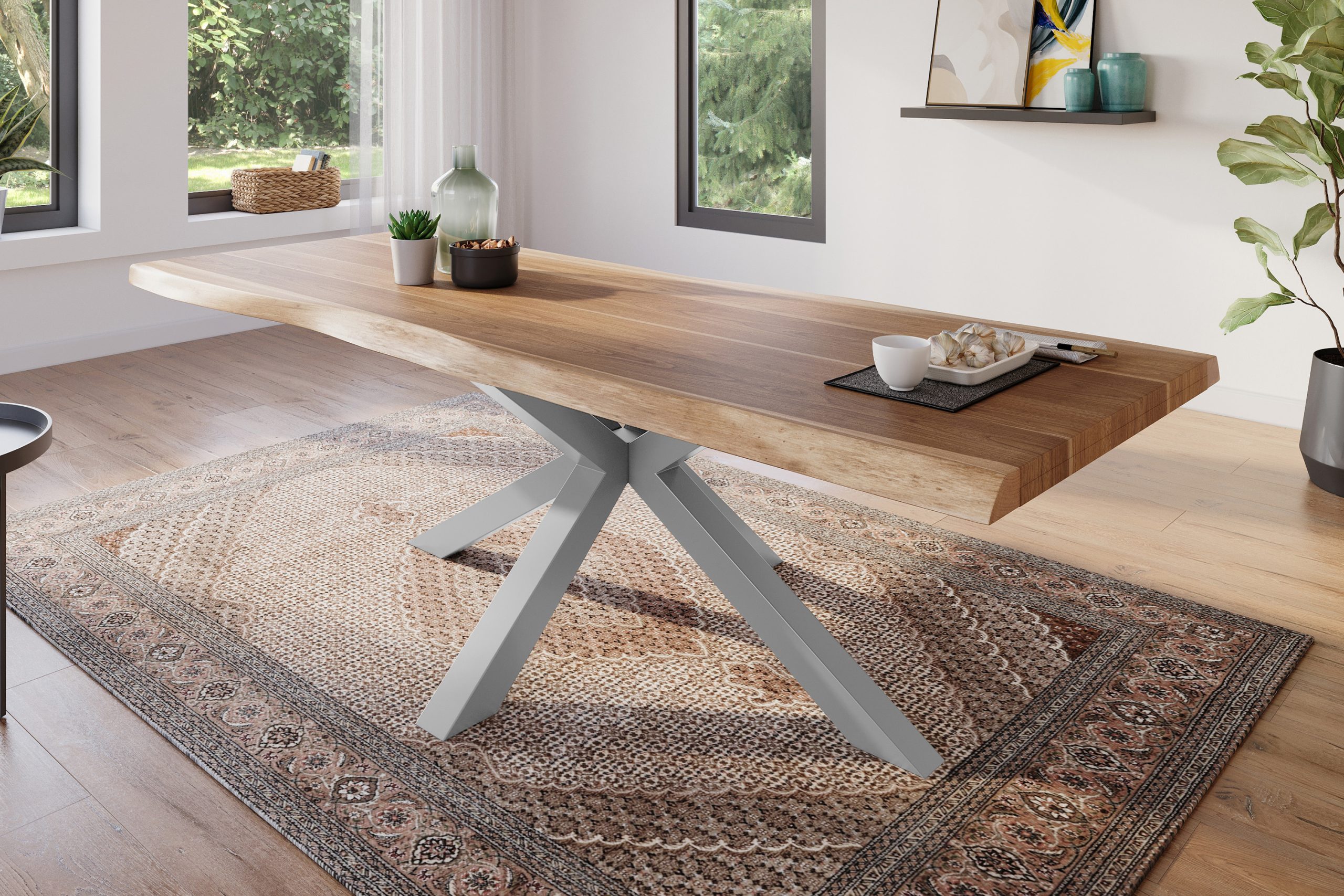 Esstisch 260 x 100 cm Akazie massiv natur Baumkantentisch Spider-Gestell silber ATLAS