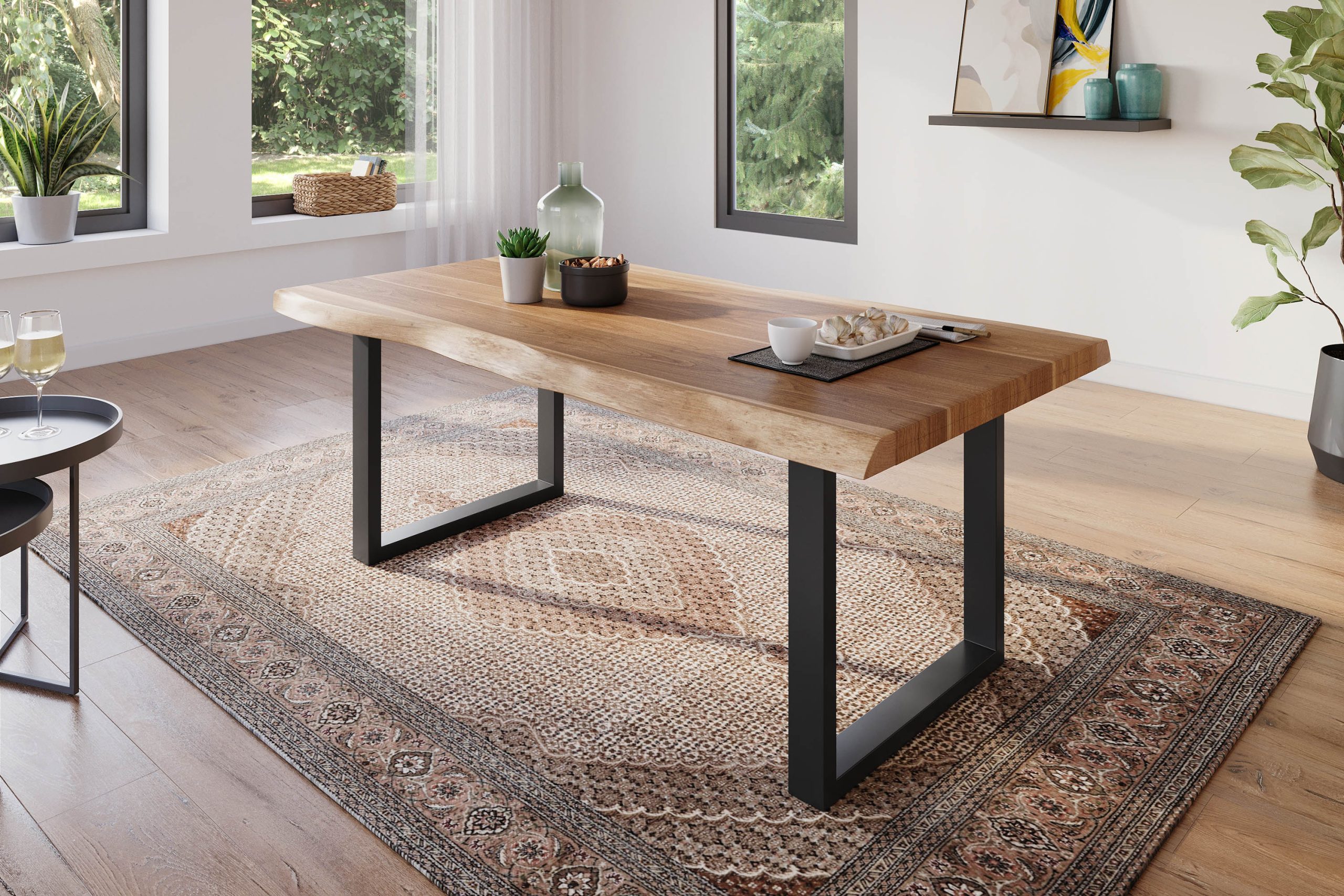 Esstisch 180 x 90 cm Akazie massiv natur Baumkantentisch U-Gestell schwarz ATLAS