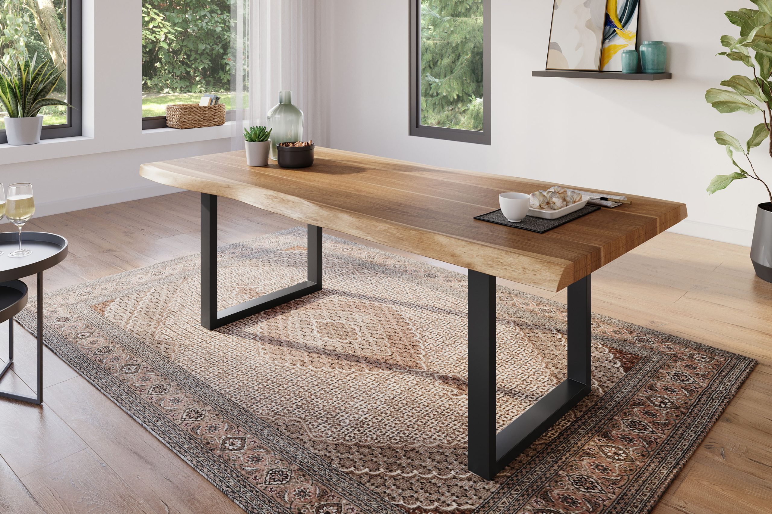 Esstisch 200 x 100 cm Akazie massiv natur Baumkantentisch U-Gestell schwarz ATLAS