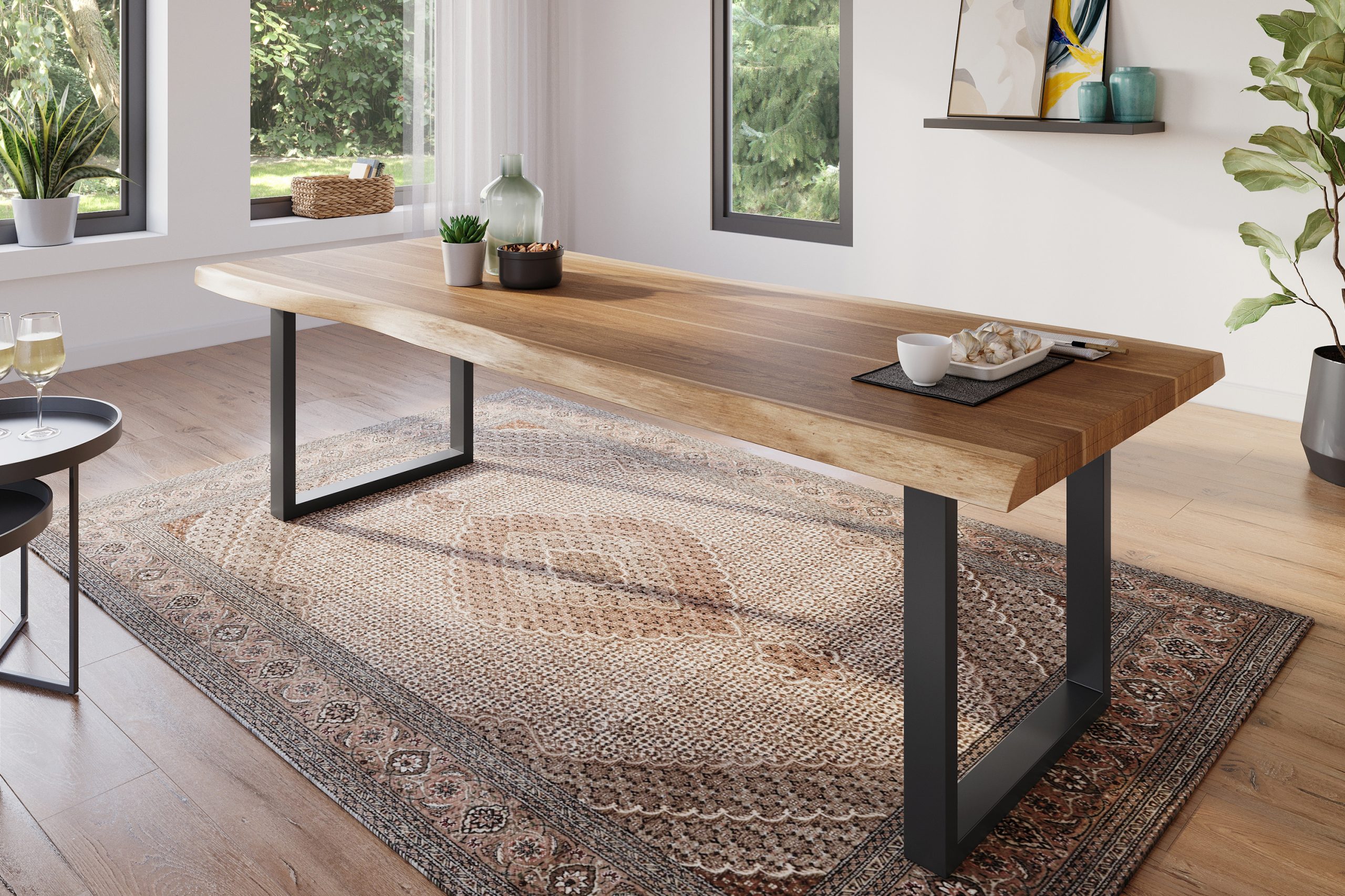 Esstisch 240 x 100 cm Akazie massiv natur Baumkantentisch U-Gestell schwarz ATLAS