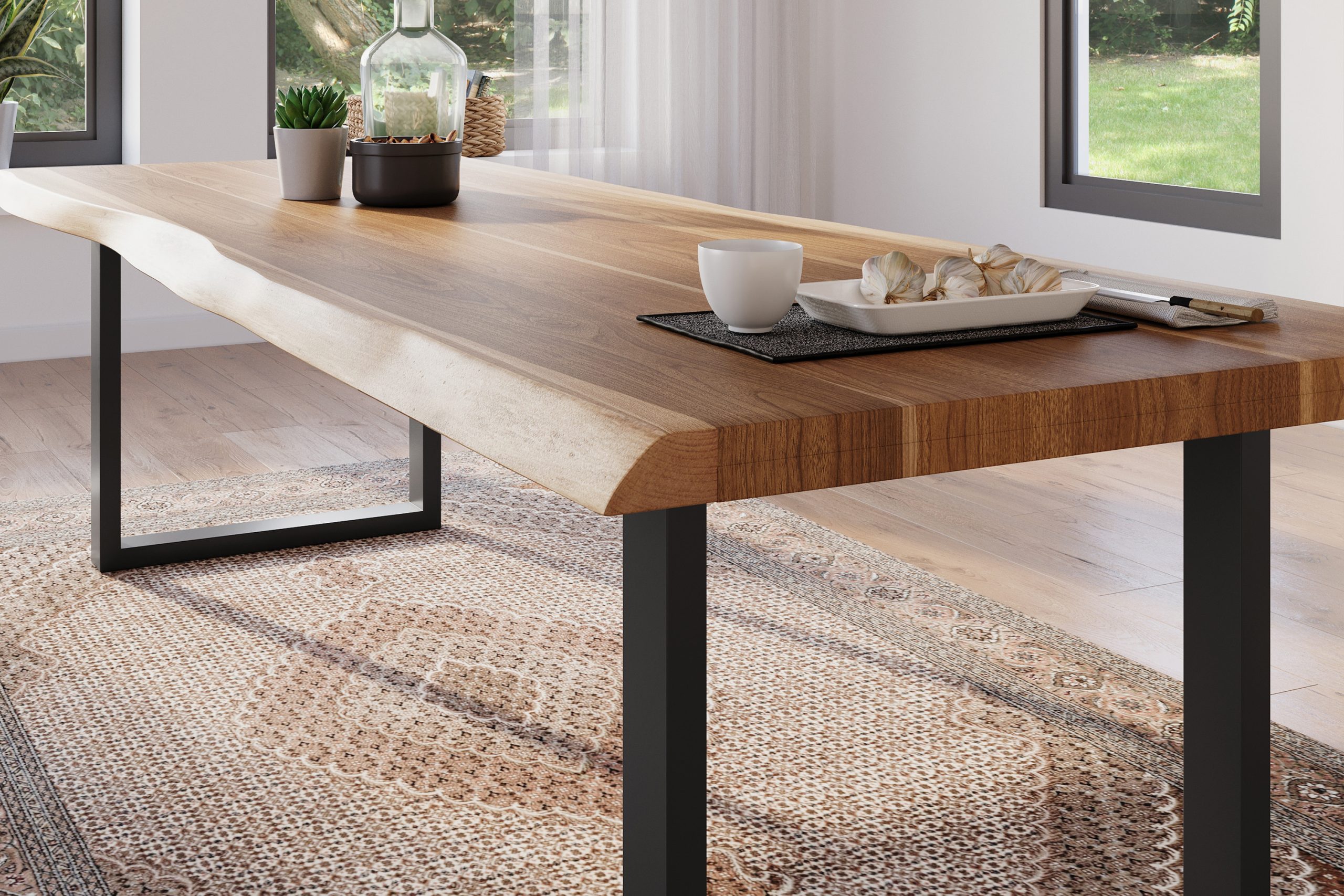 Esstisch 260 x 100 cm Akazie massiv natur Baumkantentisch U-Gestell schwarz ATLAS – Bild 5