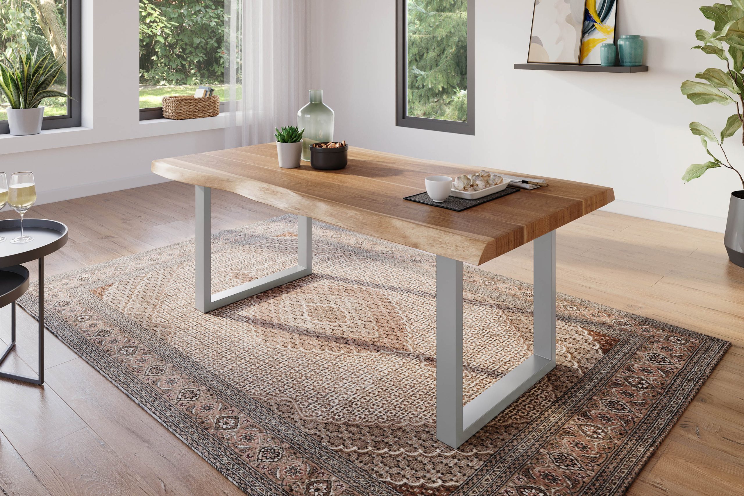 Esstisch 180 x 90 cm Akazie massiv natur Baumkantentisch U-Gestell silber ATLAS