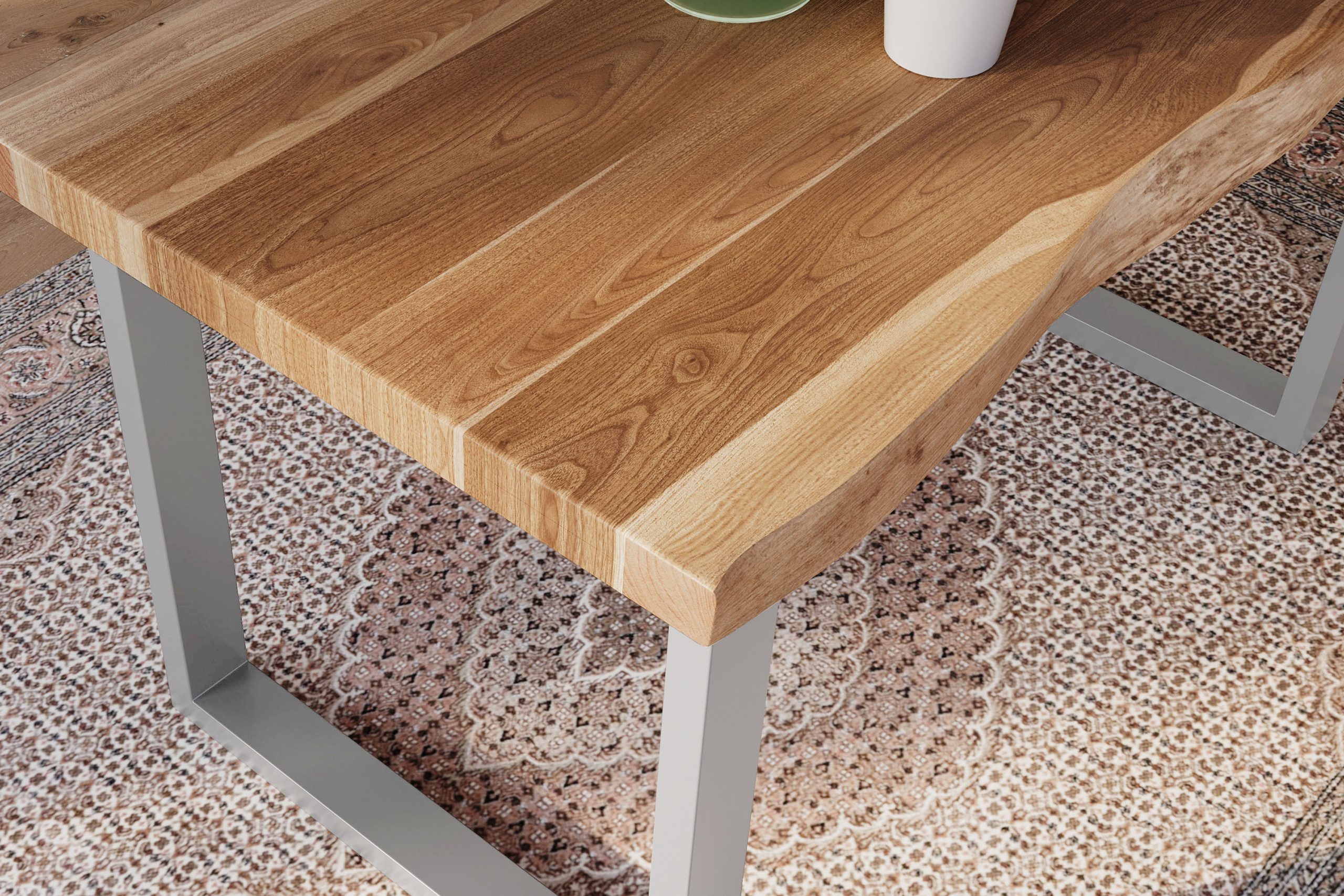 Esstisch 180 x 90 cm Akazie massiv natur Baumkantentisch U-Gestell silber ATLAS – Bild 6