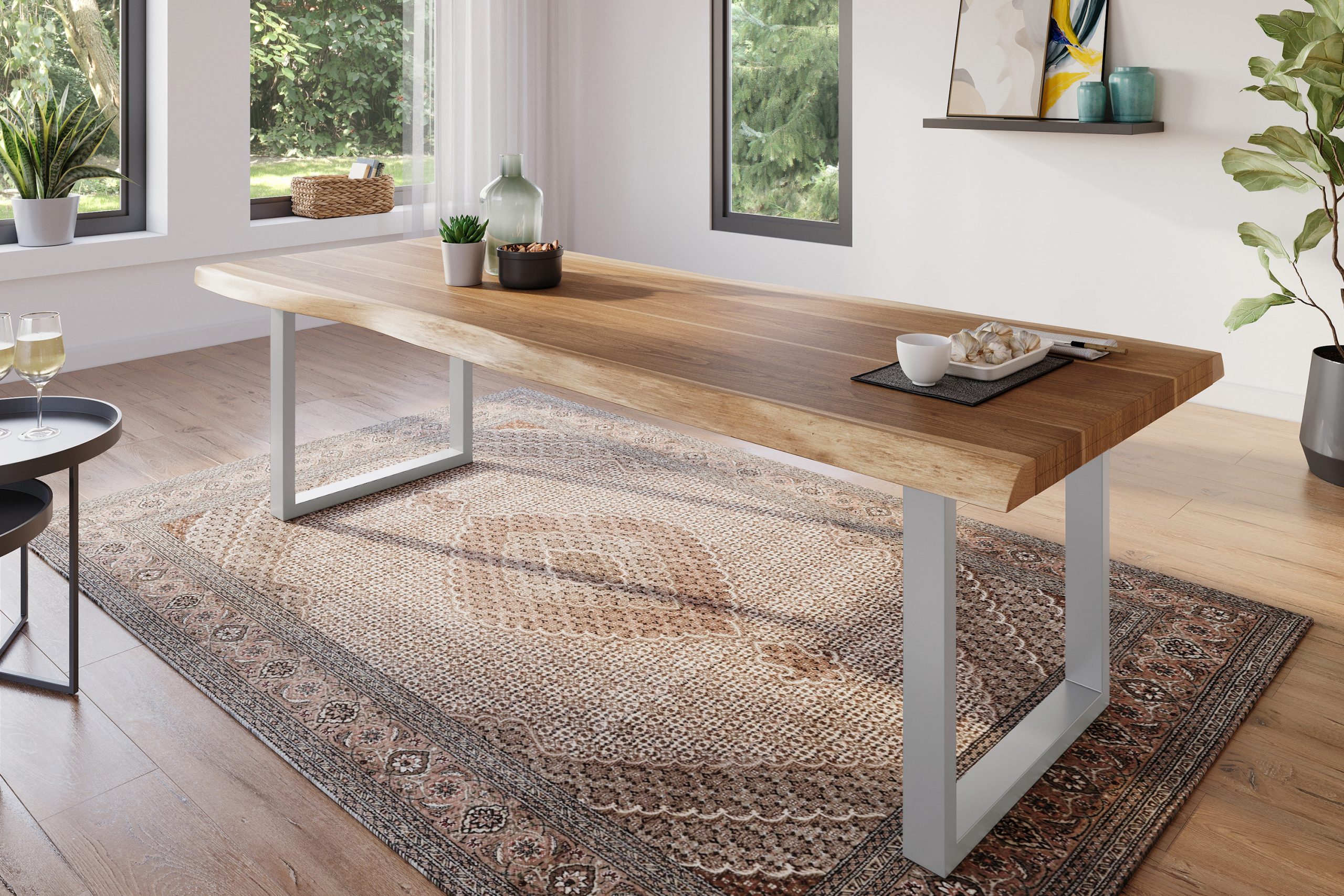 Esstisch 240 x 100 cm Akazie massiv natur Baumkantentisch U-Gestell silber ATLAS