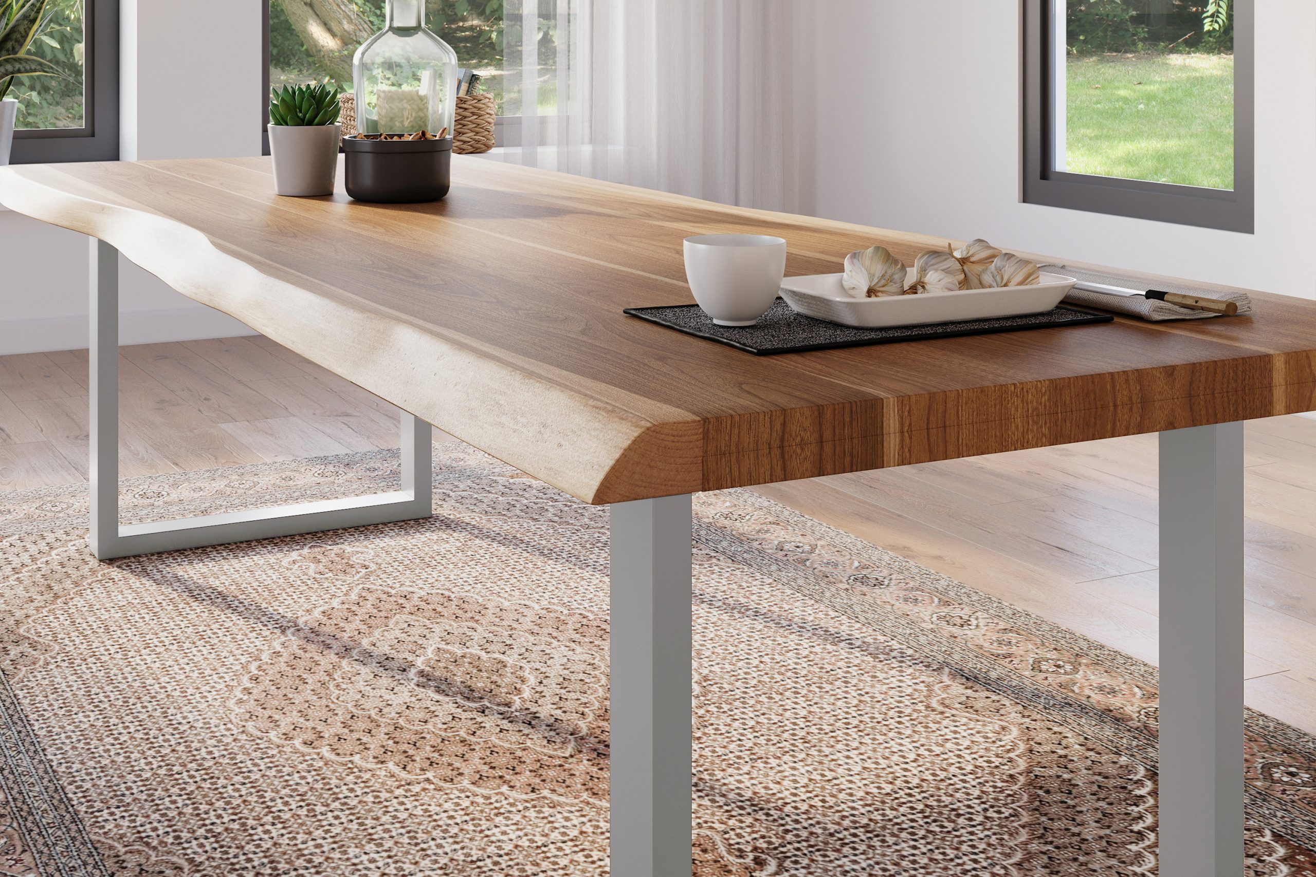 Esstisch 260 x 100 cm Akazie massiv natur Baumkantentisch U-Gestell silber ATLAS – Bild 5