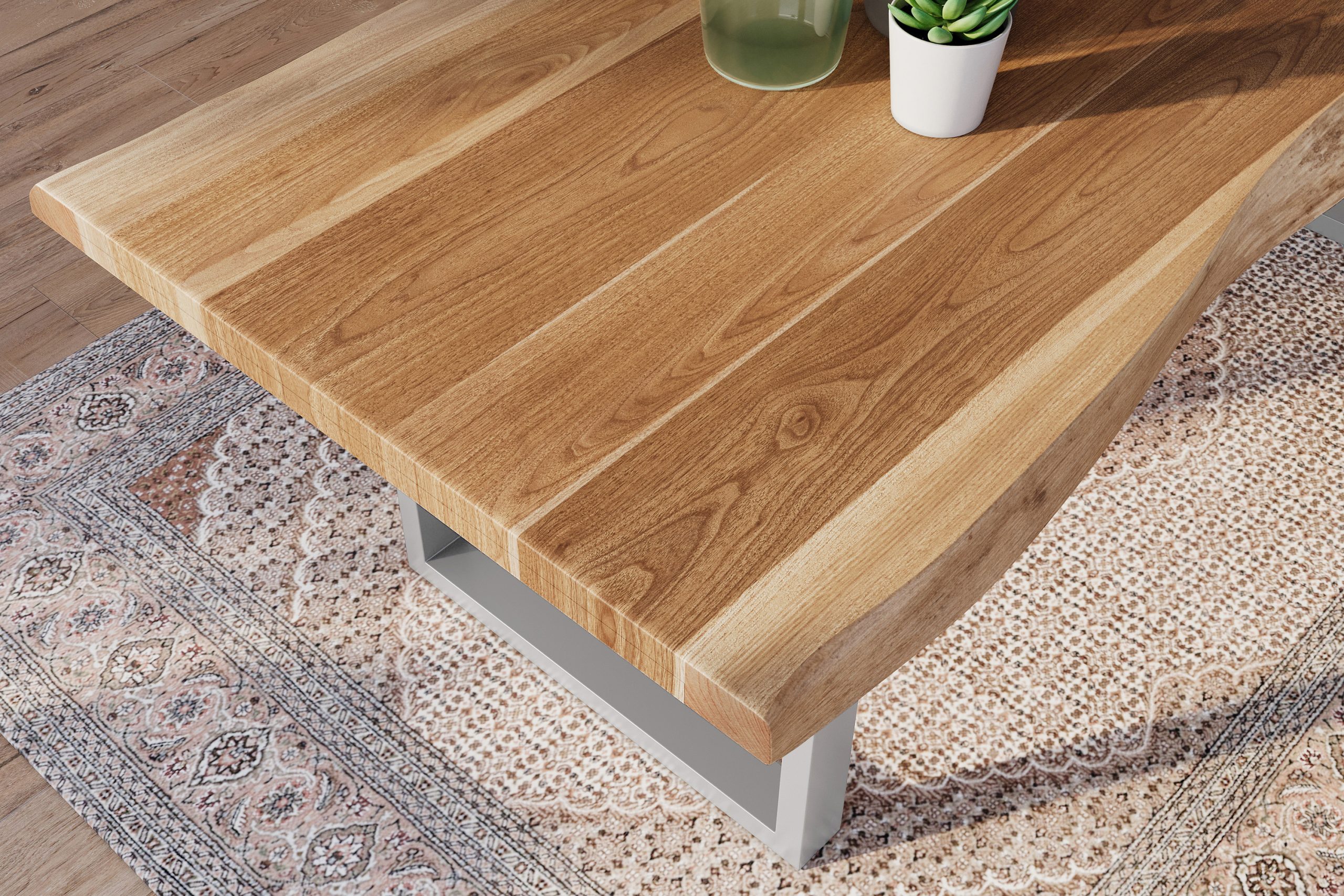 Esstisch 260 x 100 cm Akazie massiv natur Baumkantentisch U-Gestell silber ATLAS – Bild 6