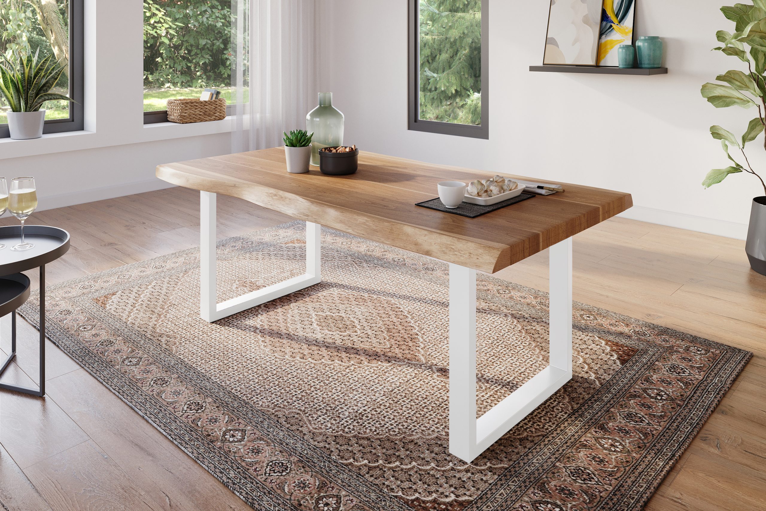 Esstisch 180 x 90 cm Akazie massiv natur Baumkantentisch U-Gestell weiß ATLAS