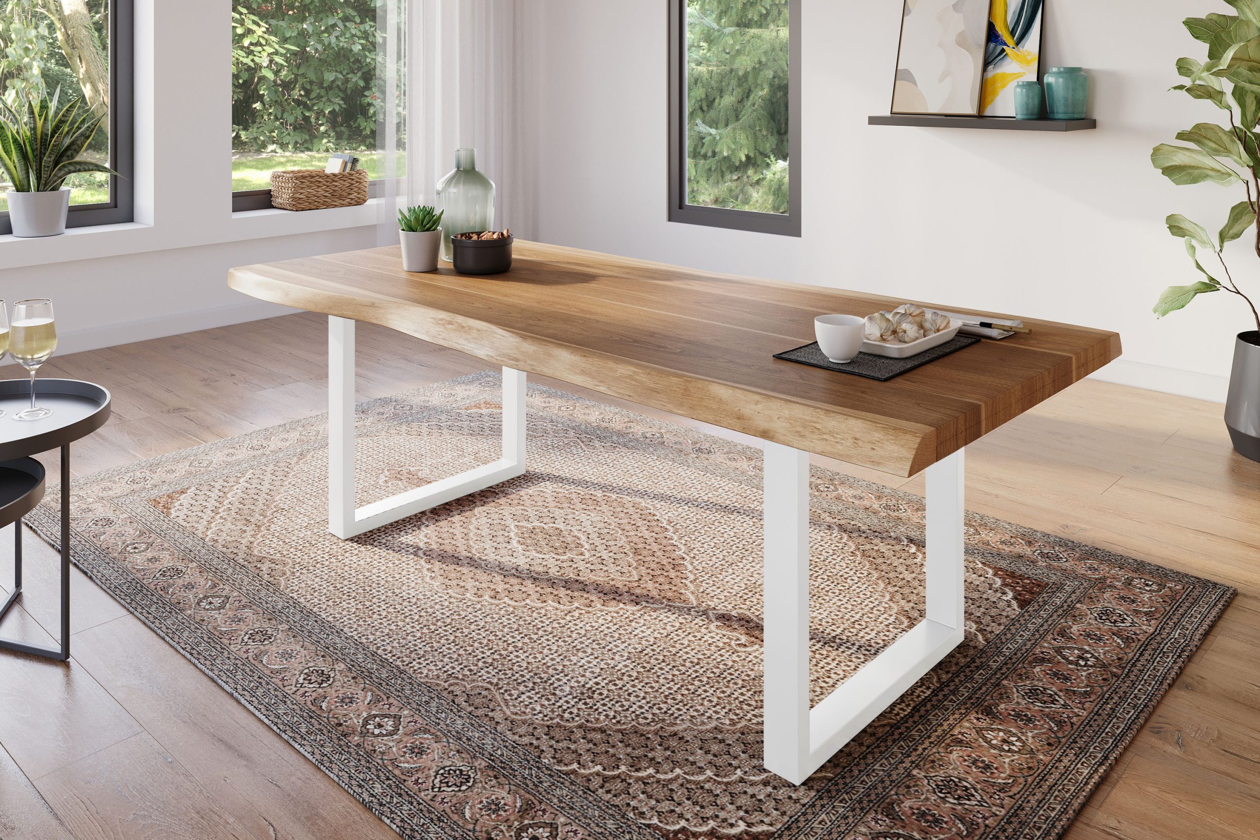 Esstisch 200 x 100 cm Akazie massiv natur Baumkantentisch U-Gestell weiß ATLAS