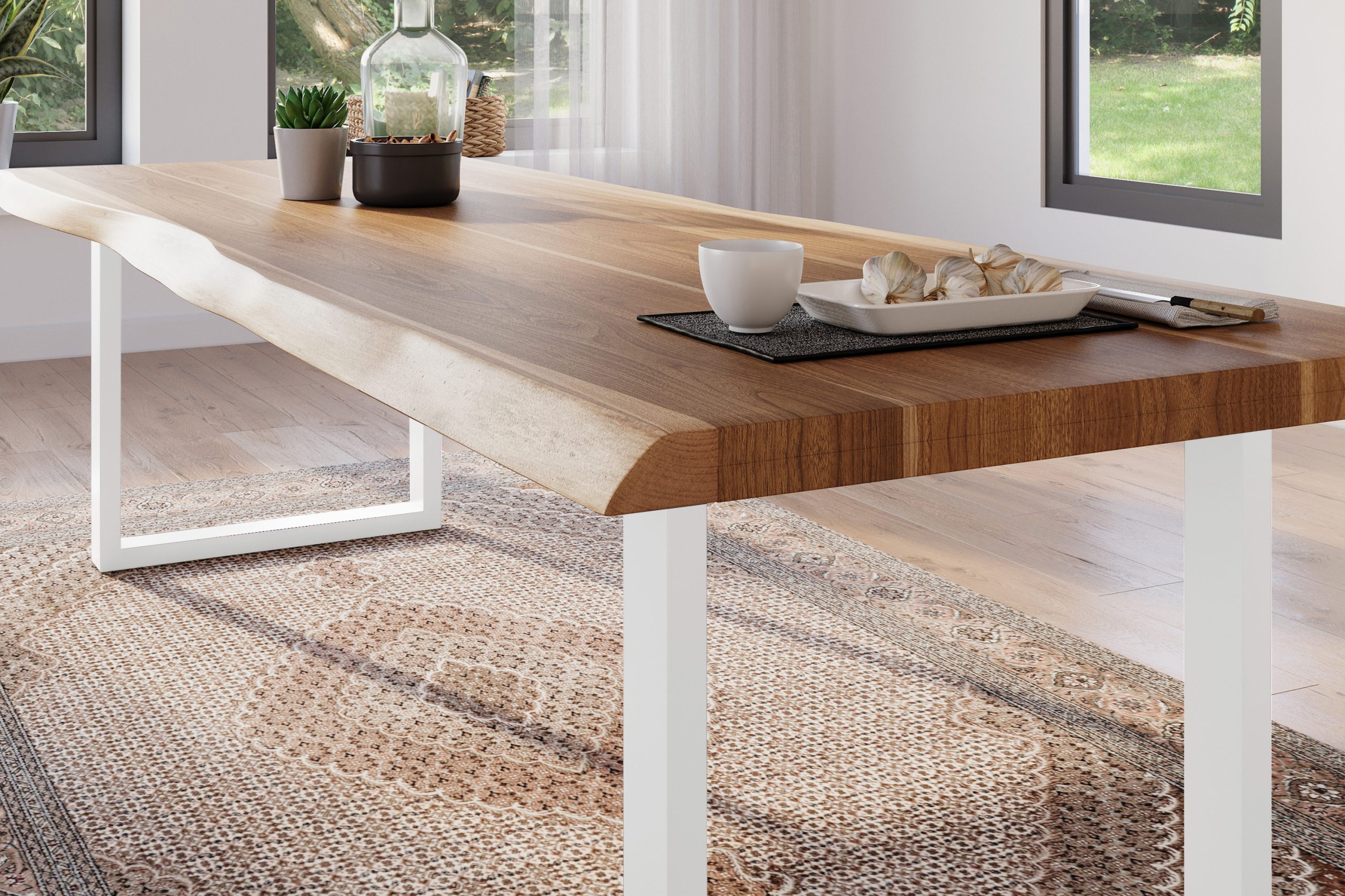 Esstisch 240 x 100 cm Akazie massiv natur Baumkantentisch U-Gestell weiß ATLAS – Bild 5