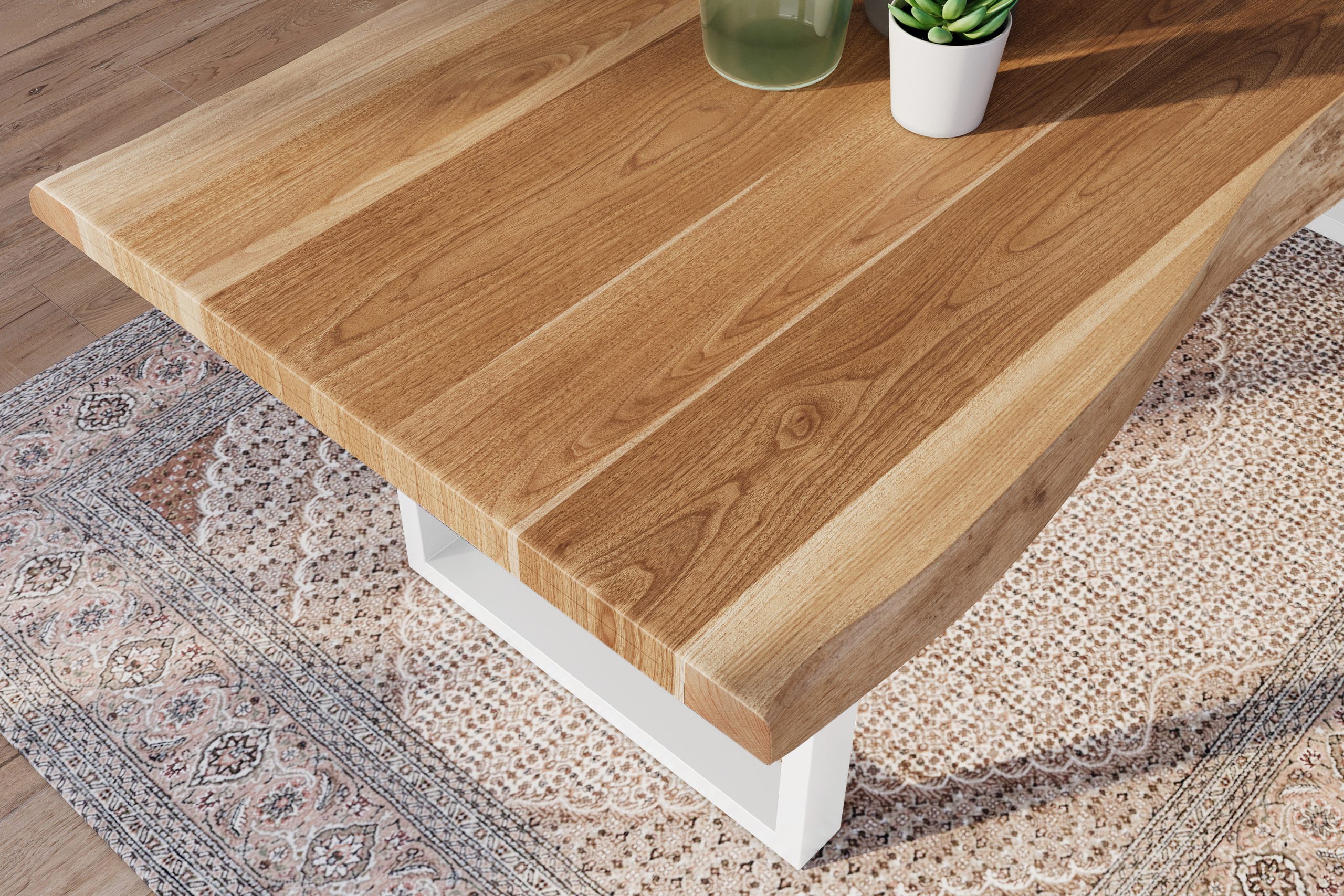 Esstisch 240 x 100 cm Akazie massiv natur Baumkantentisch U-Gestell weiß ATLAS – Bild 6