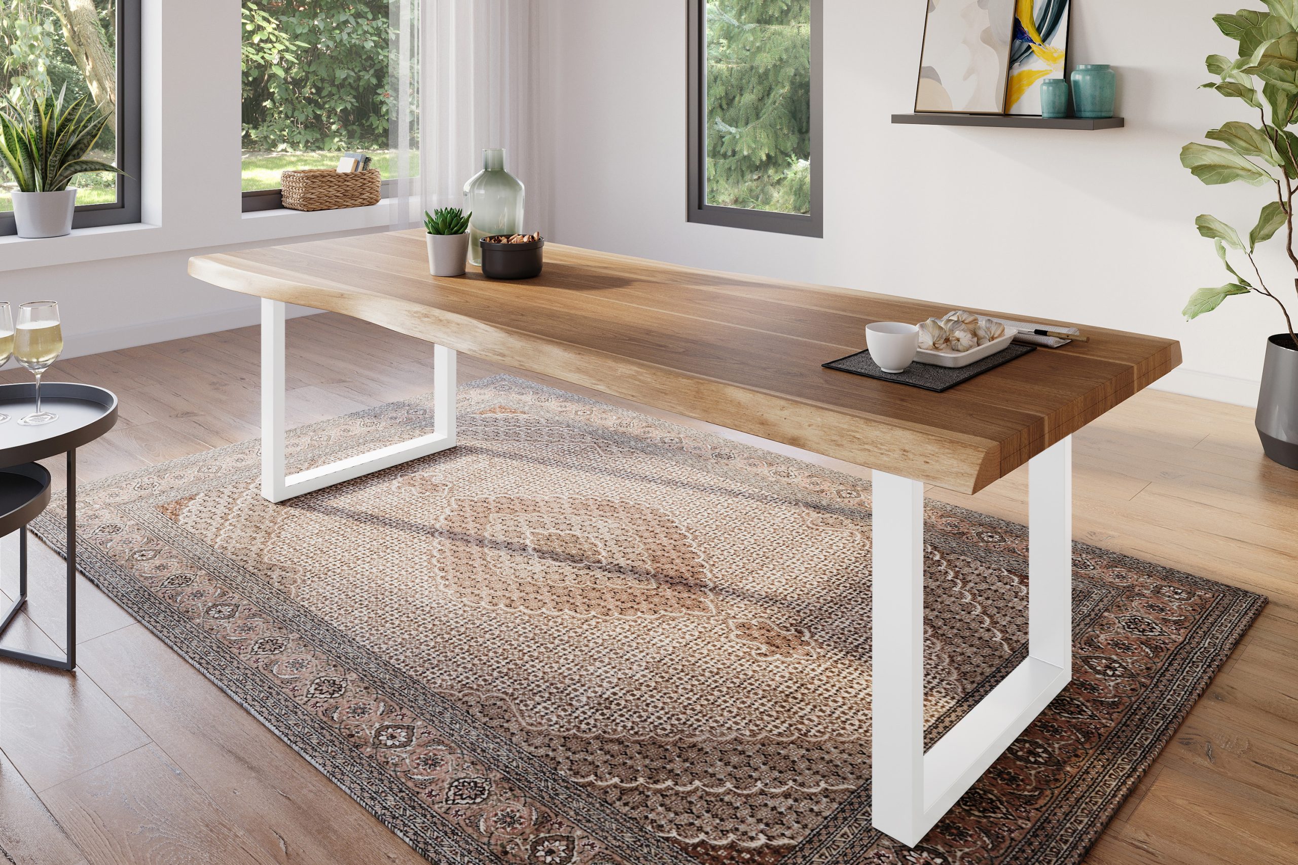 Esstisch 300 x 100 cm Akazie massiv natur Baumkantentisch U-Gestell weiß ATLAS