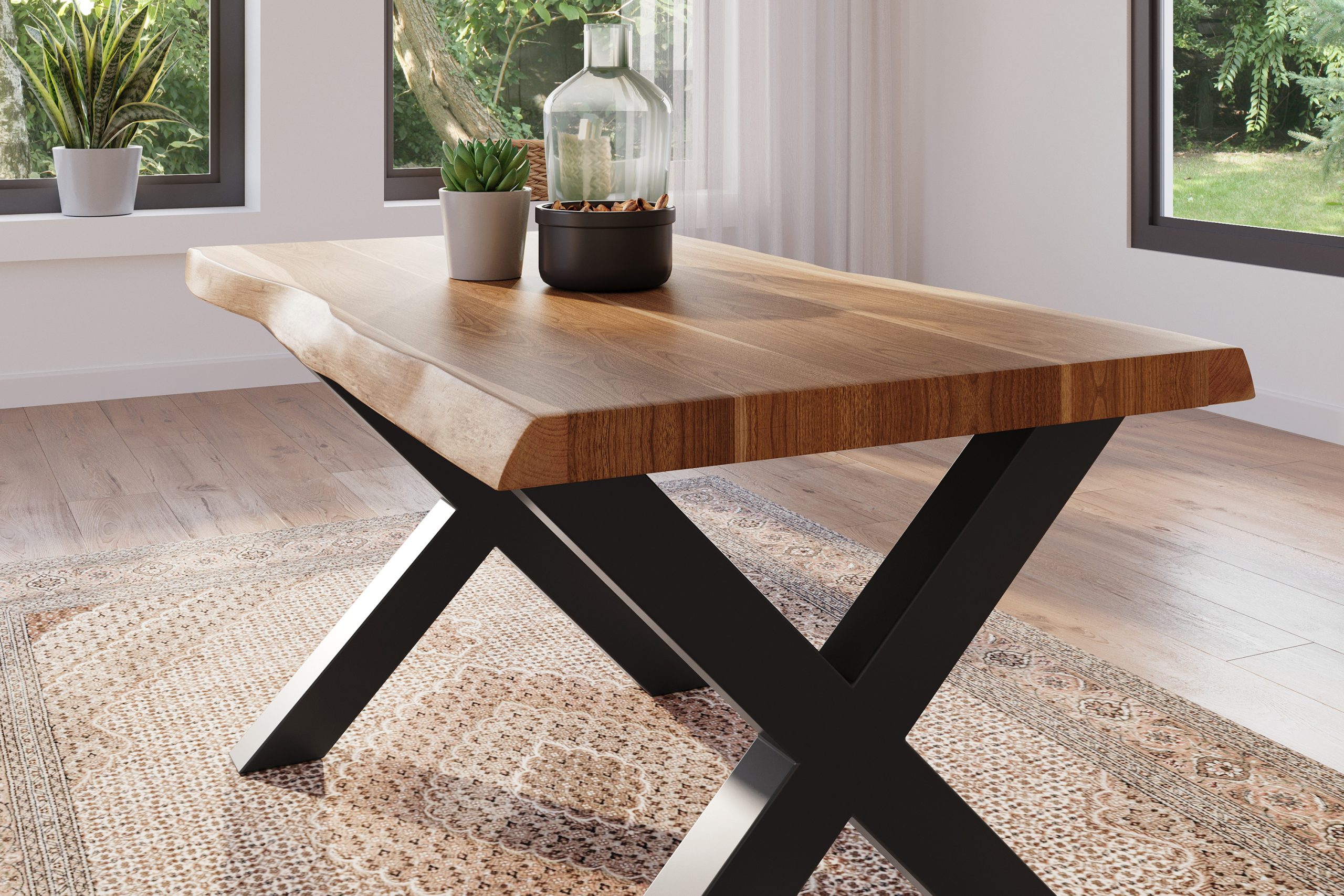 Esstisch 160 x 85 cm Akazie massiv natur Baumkantentisch X-Gestell schwarz ATLAS – Bild 5