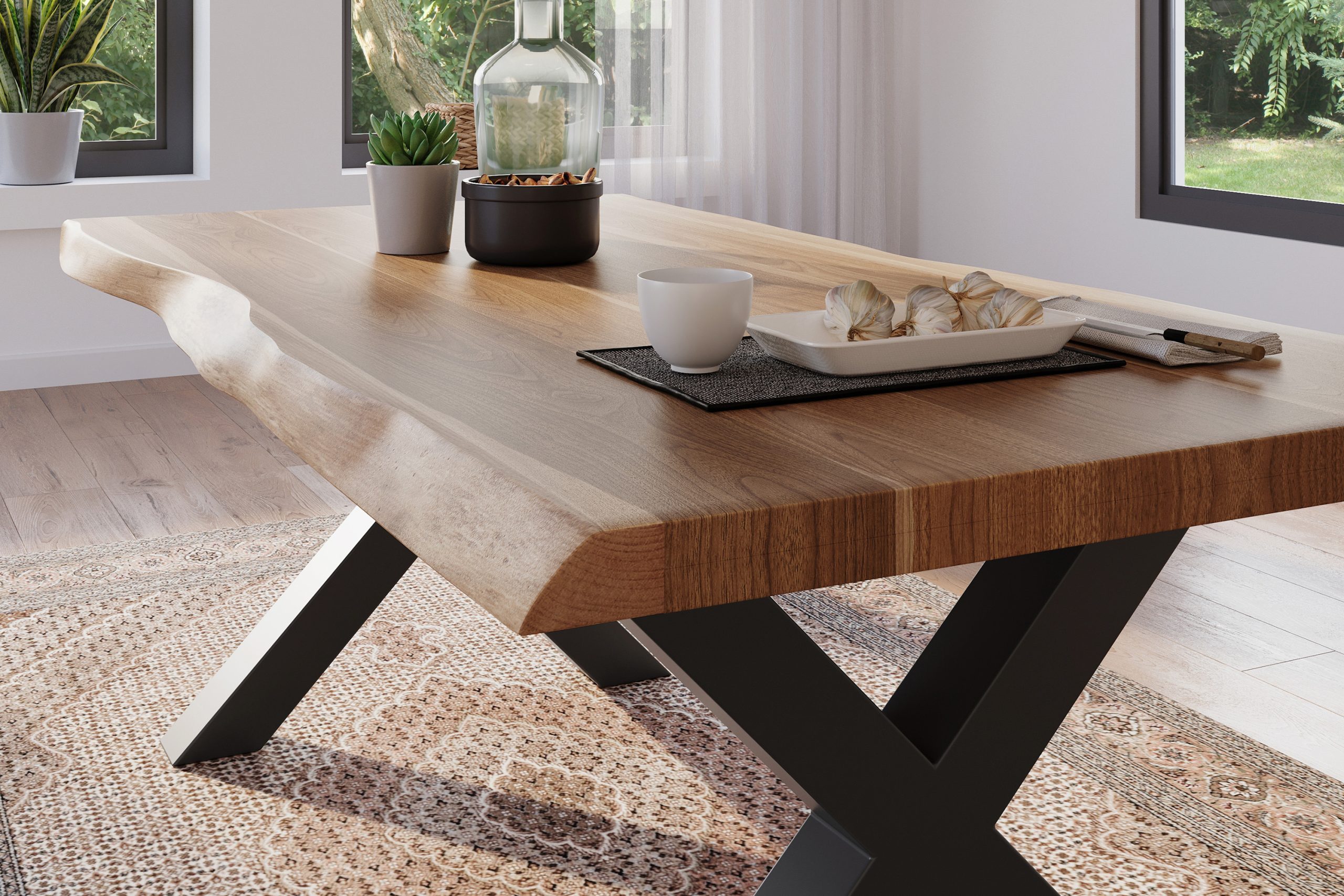 Esstisch 180 x 90 cm Akazie massiv natur Baumkantentisch X-Gestell schwarz ATLAS – Bild 5