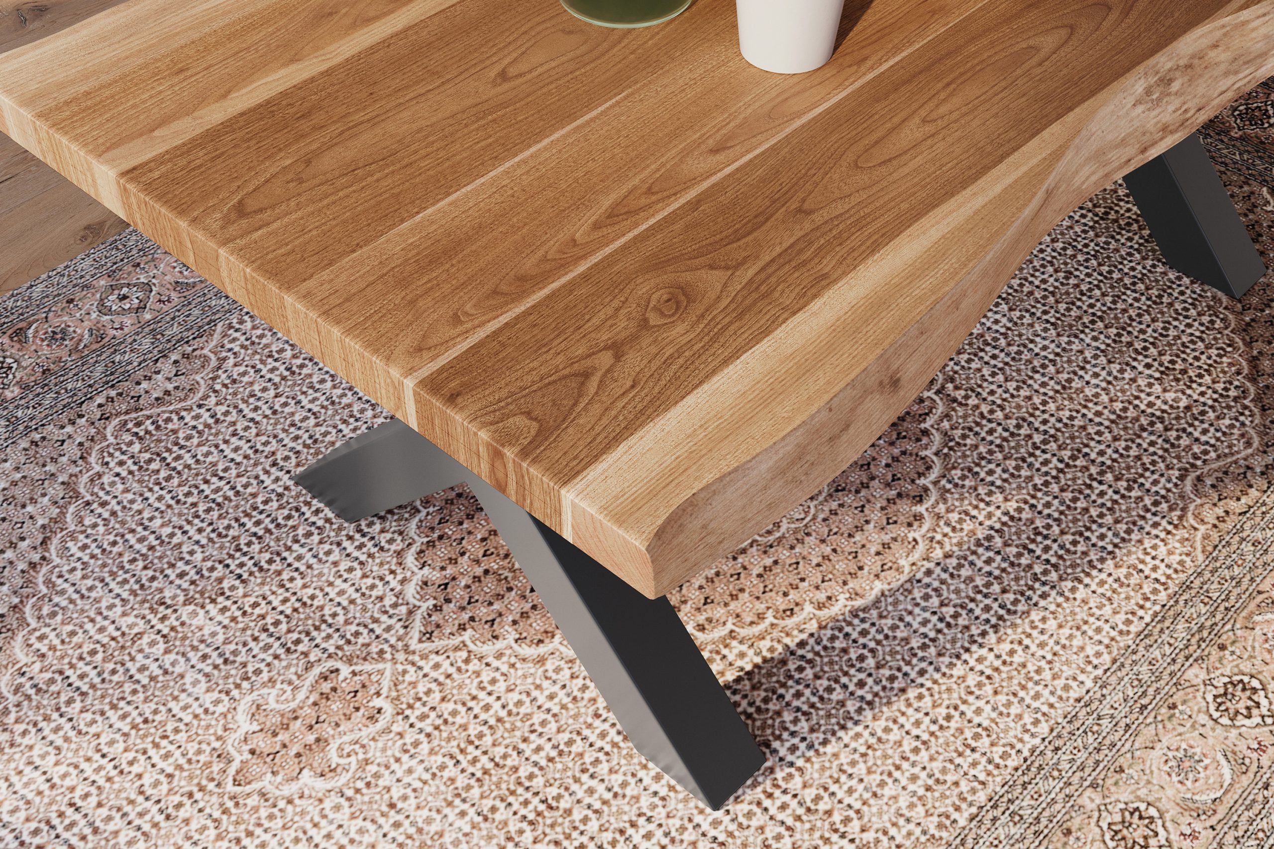 Esstisch 180 x 90 cm Akazie massiv natur Baumkantentisch X-Gestell schwarz ATLAS – Bild 6