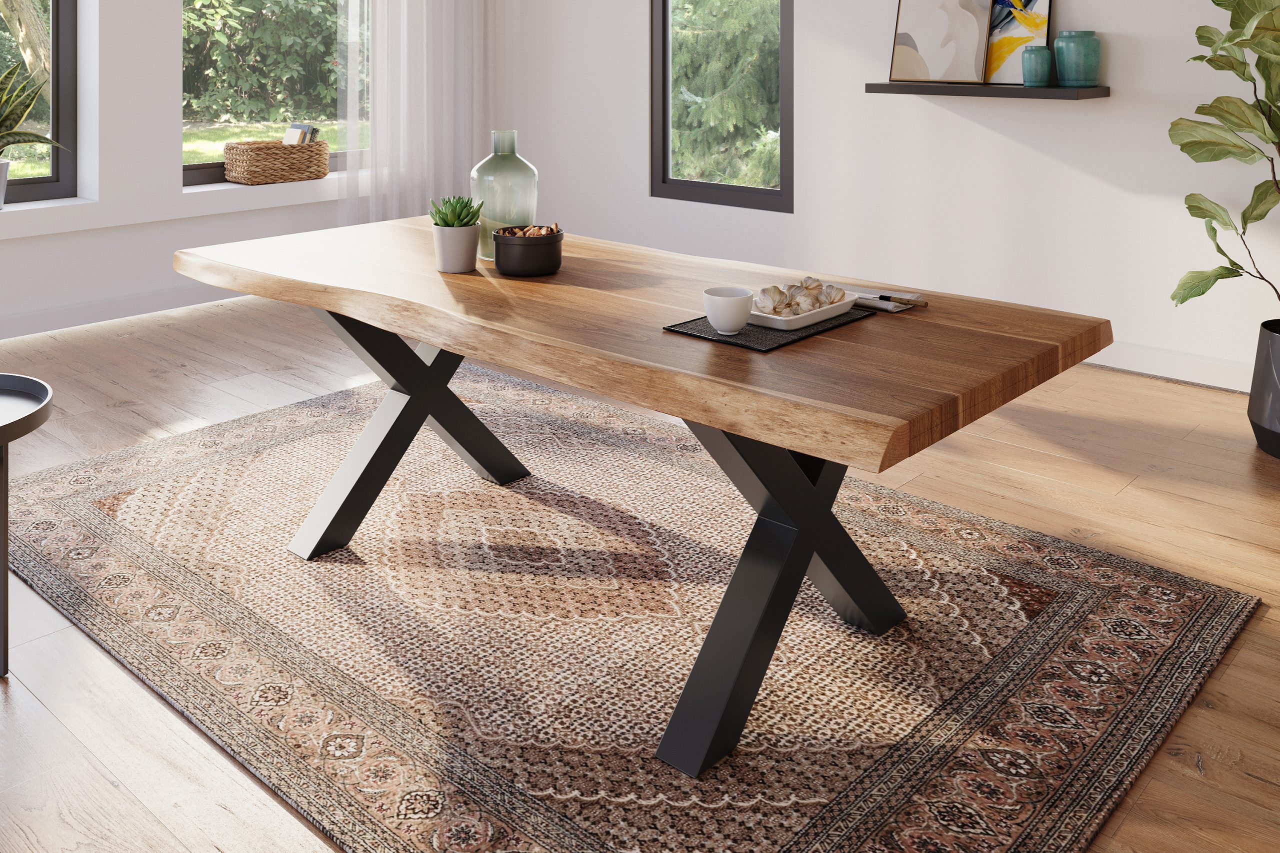 Esstisch 200 x 100 cm Akazie massiv natur Baumkantentisch X-Gestell schwarz ATLAS