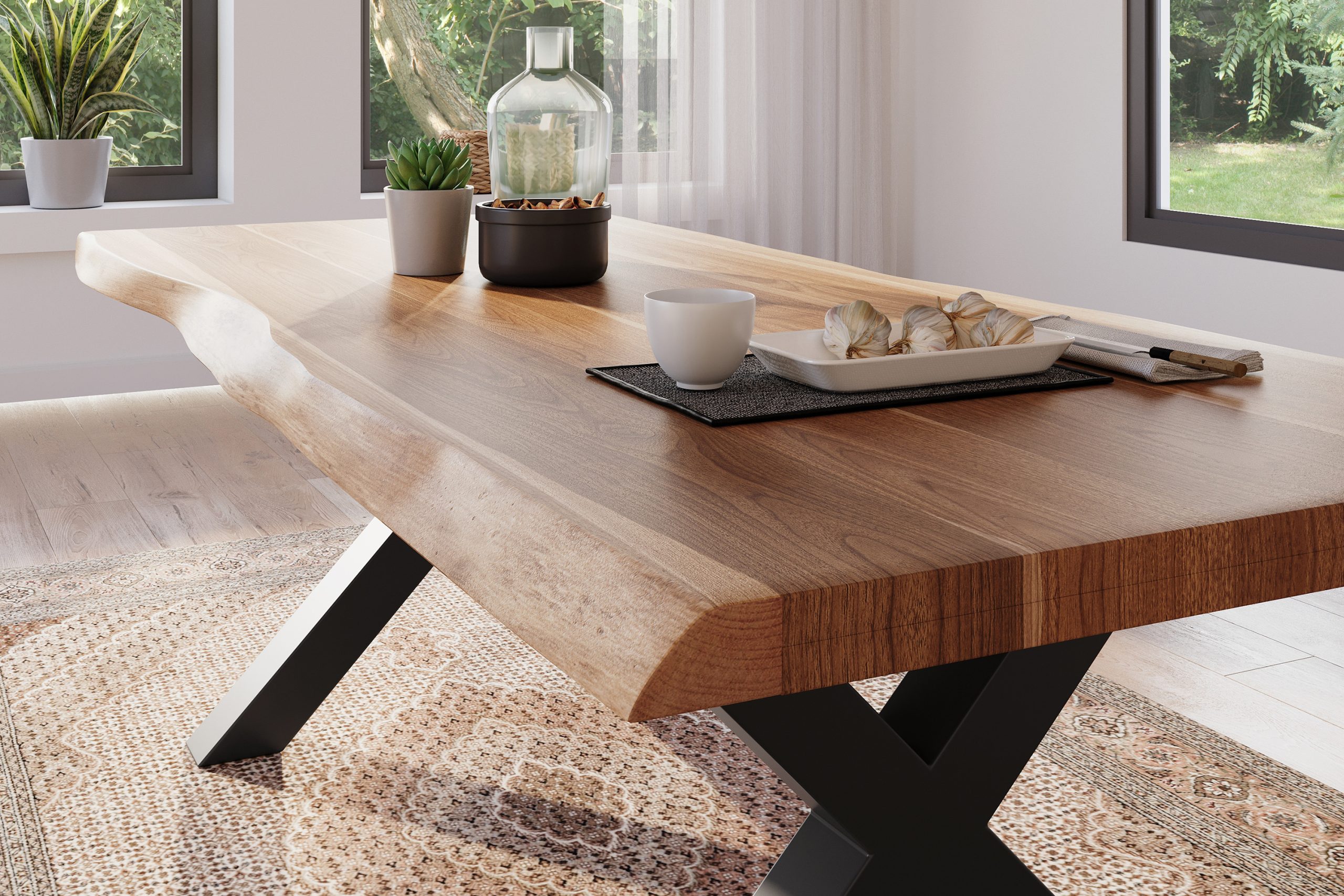 Esstisch 240 x 100 cm Akazie massiv natur Baumkantentisch X-Gestell schwarz ATLAS – Bild 5