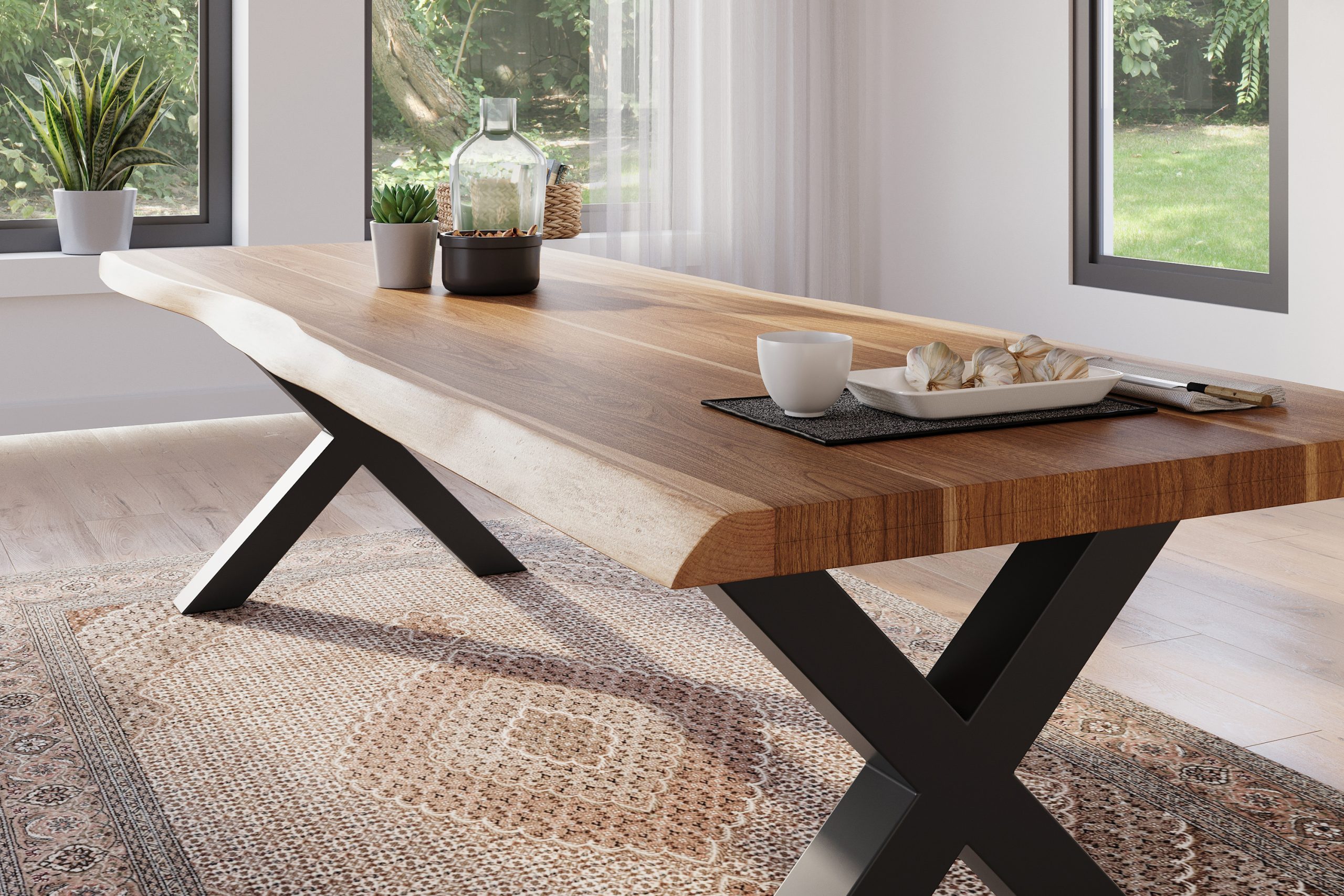 Esstisch 280 x 100 cm Akazie massiv natur Baumkantentisch X-Gestell schwarz ATLAS – Bild 5