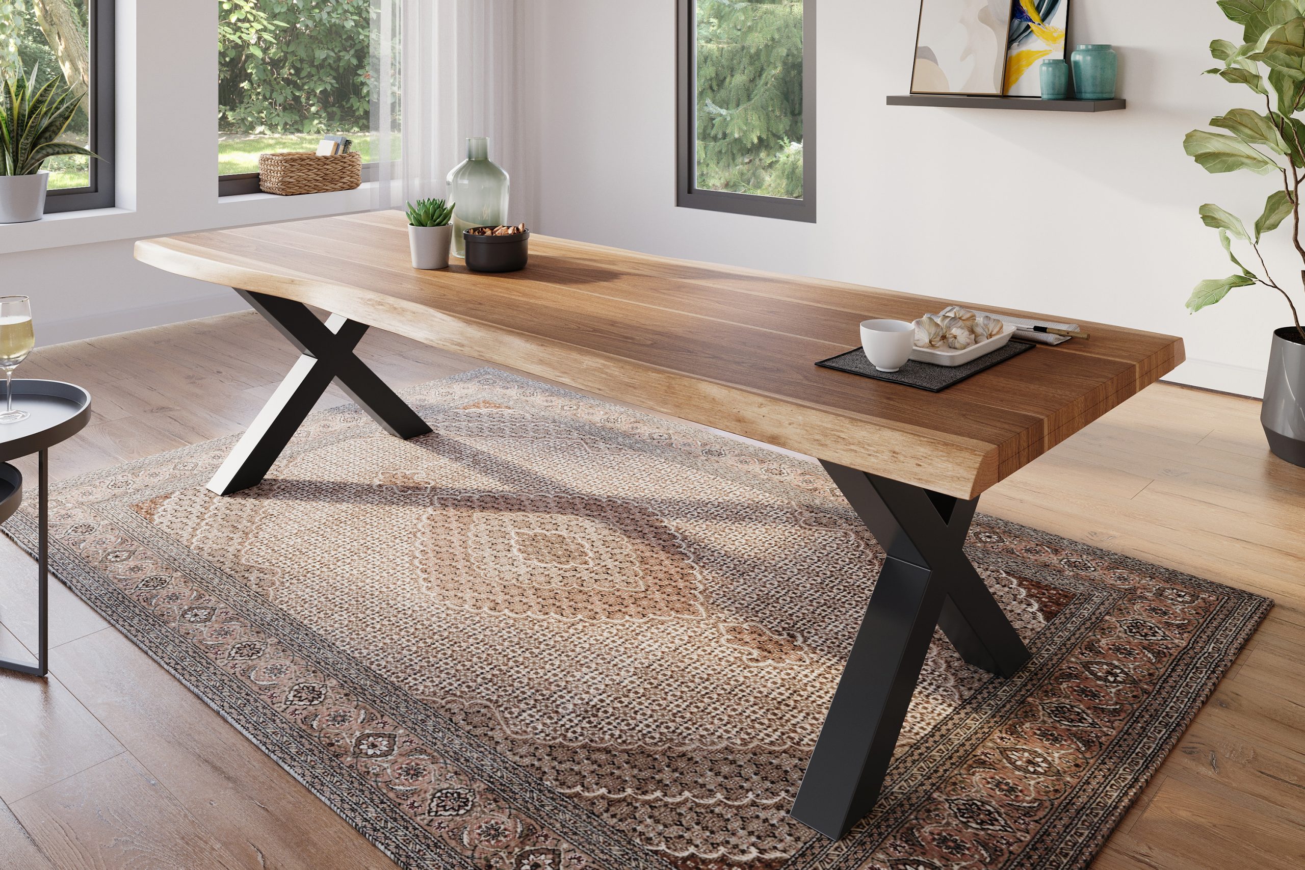 Esstisch 300 x 100 cm Akazie massiv natur Baumkantentisch X-Gestell schwarz ATLAS