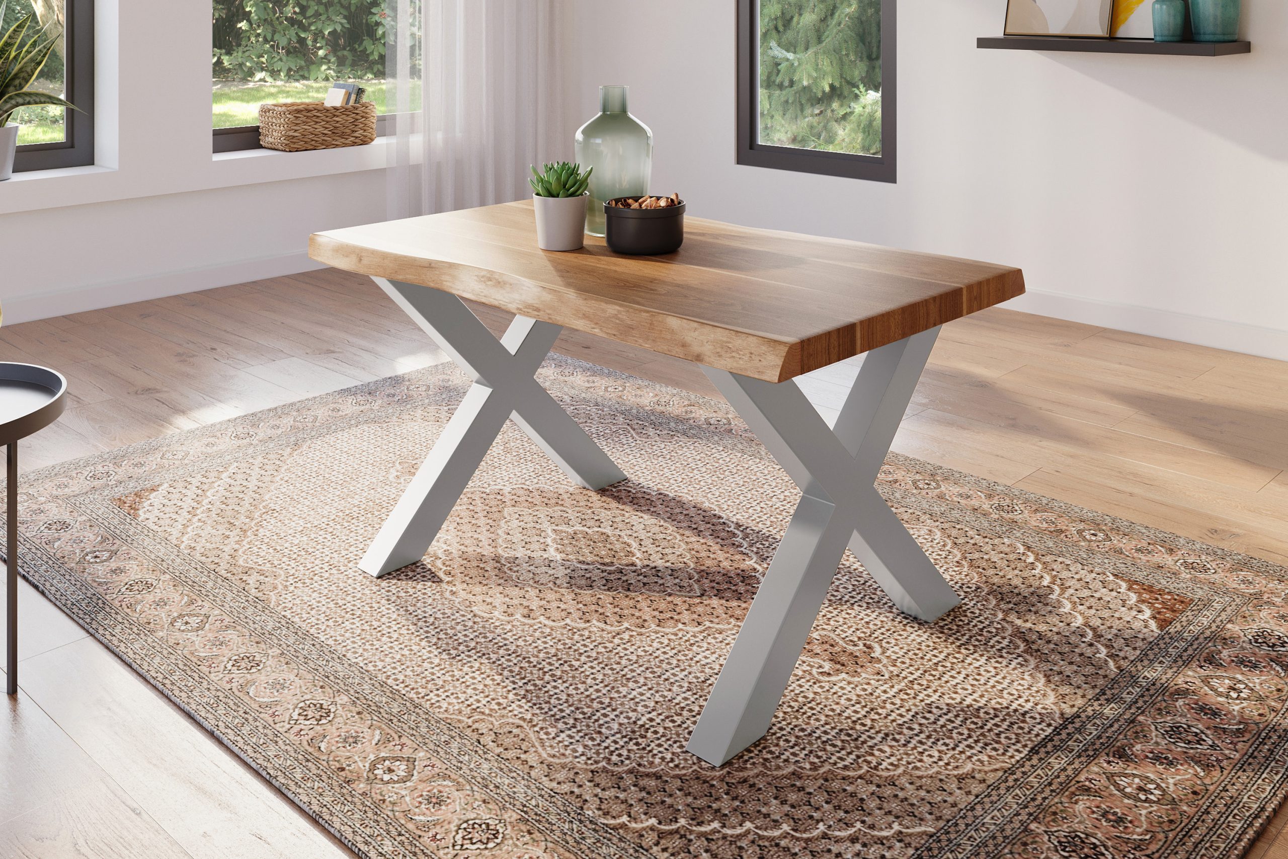 Esstisch 140 x 80 cm Akazie massiv natur Baumkantentisch X-Gestell silber ATLAS