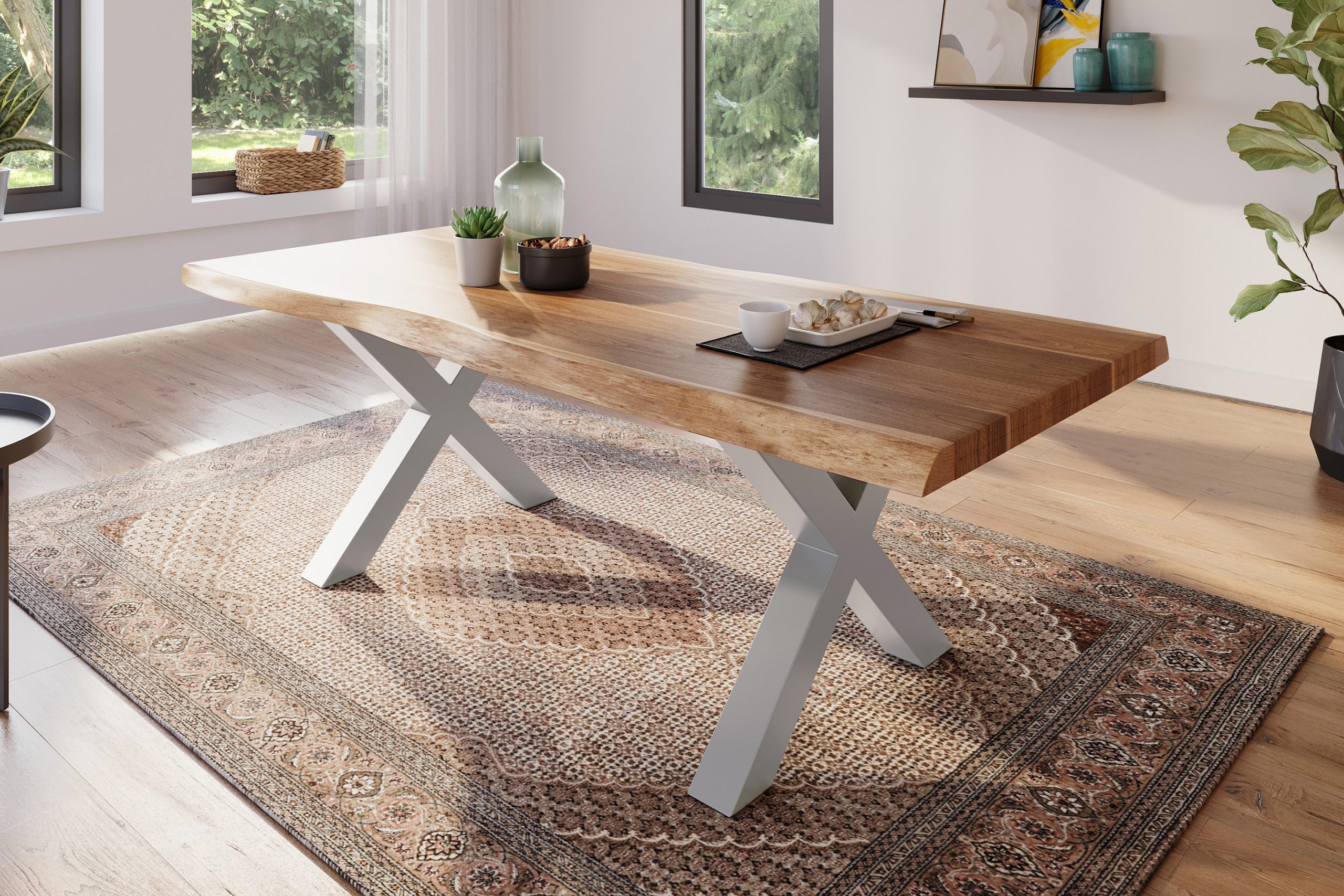 Esstisch 240 x 100 cm Akazie massiv natur Baumkantentisch X-Gestell silber ATLAS