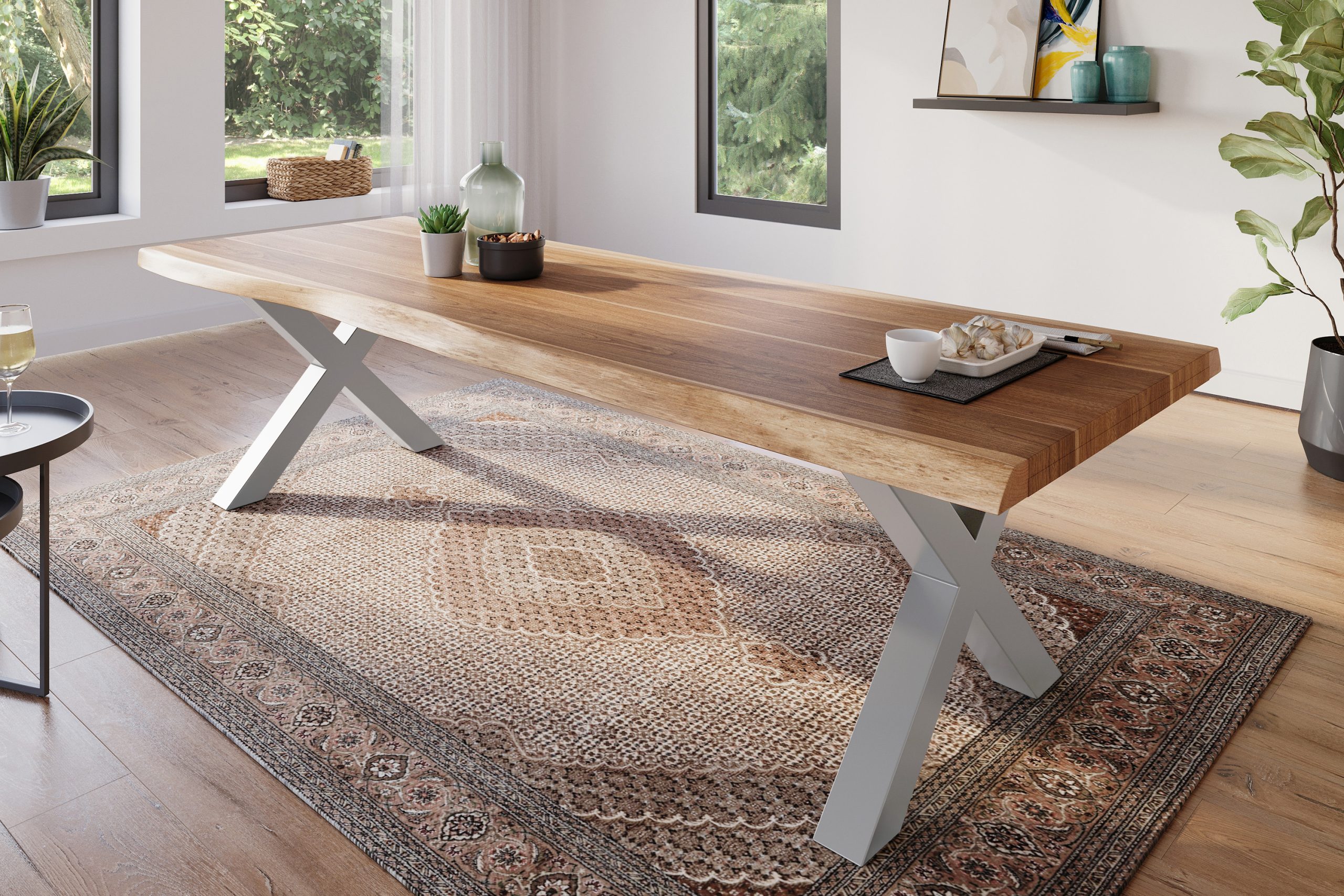 Esstisch 260 x 100 cm Akazie massiv natur Baumkantentisch X-Gestell silber ATLAS