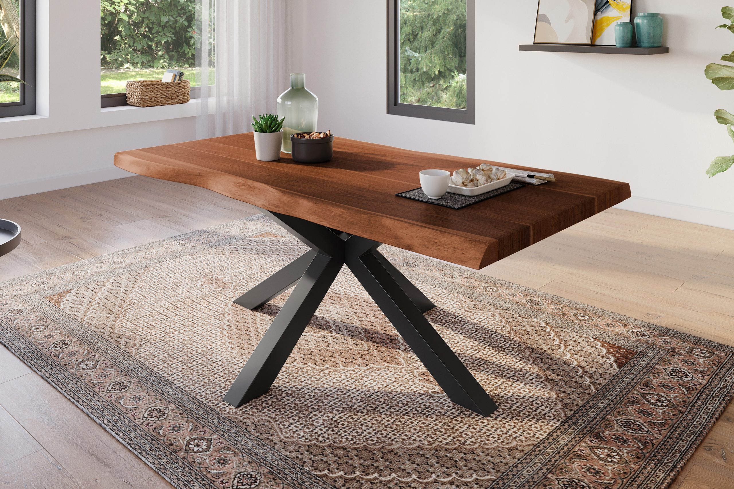Esstisch 180 x 90 cm Akazie massiv nussbaum Baumkantentisch Spider-Gestell schwarz ATLAS