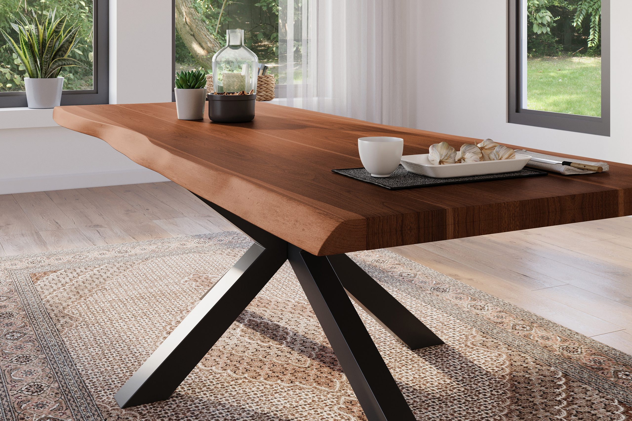 Esstisch 280 x 100 cm Akazie massiv nussbaum Baumkantentisch Spider-Gestell schwarz ATLAS – Bild 5