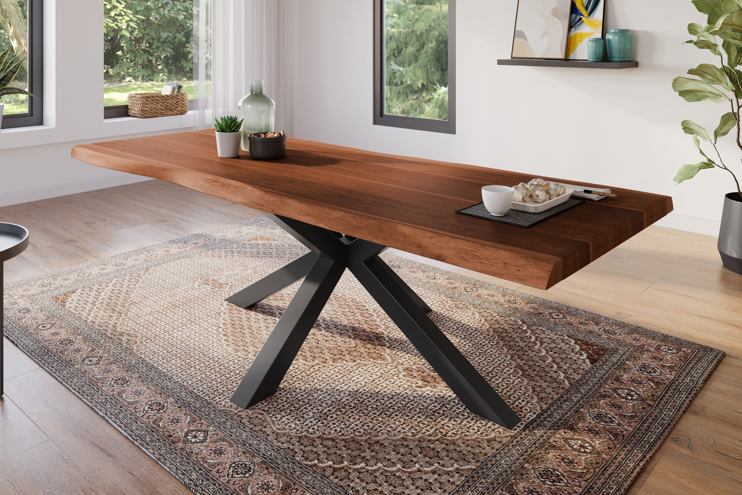 Esstisch 300 x 100 cm Akazie massiv nussbaum Baumkantentisch Spider-Gestell schwarz ATLAS