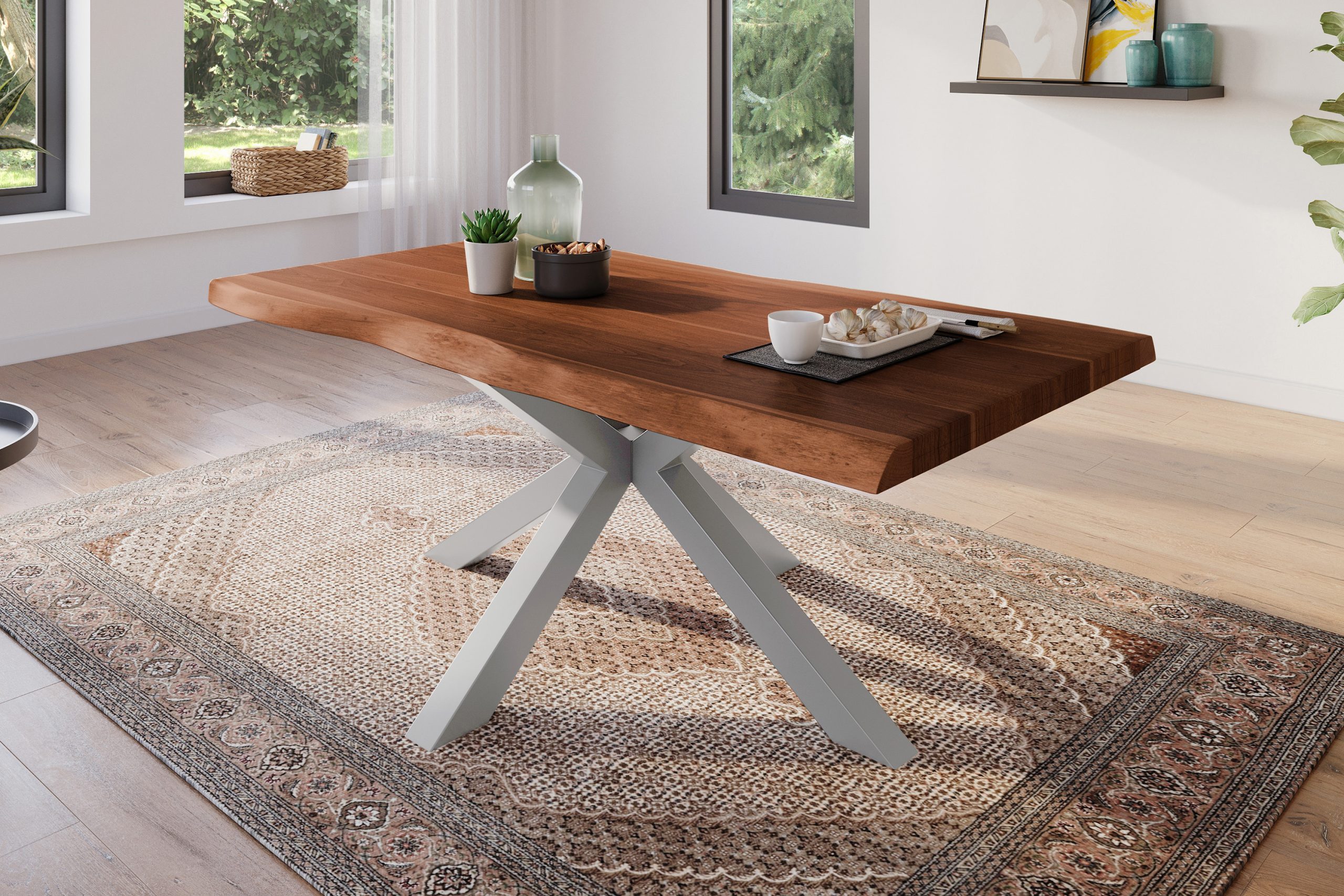 Esstisch 180 x 90 cm Akazie massiv nussbaum Baumkantentisch Spider-Gestell silber ATLAS