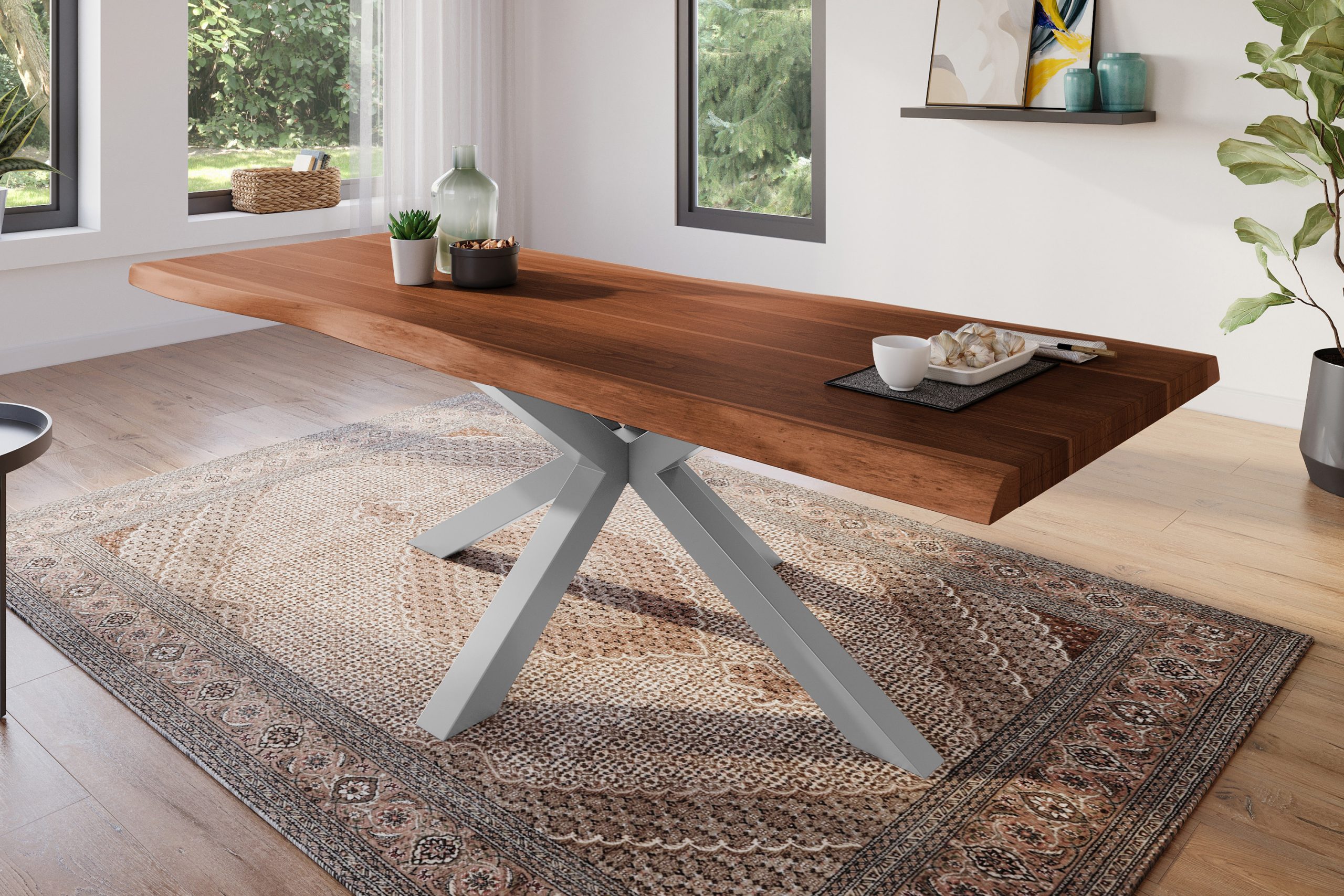 Esstisch 280 x 100 cm Akazie massiv nussbaum Baumkantentisch Spider-Gestell silber ATLAS