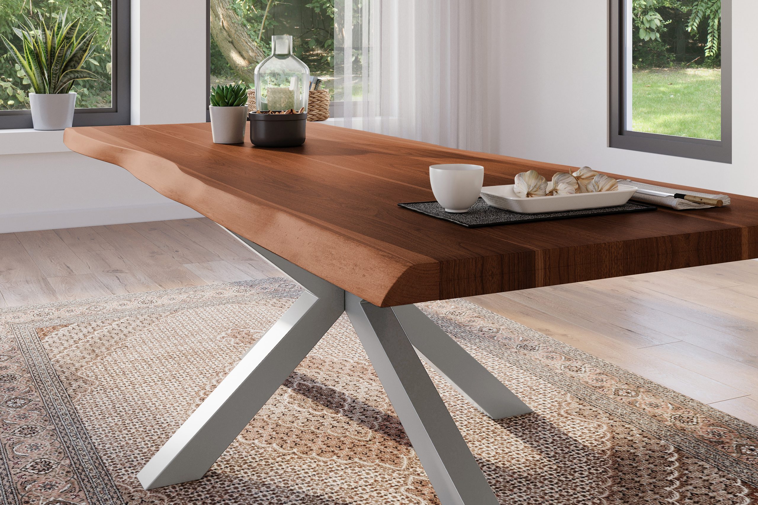 Esstisch 300 x 100 cm Akazie massiv nussbaum Baumkantentisch Spider-Gestell silber ATLAS – Bild 5