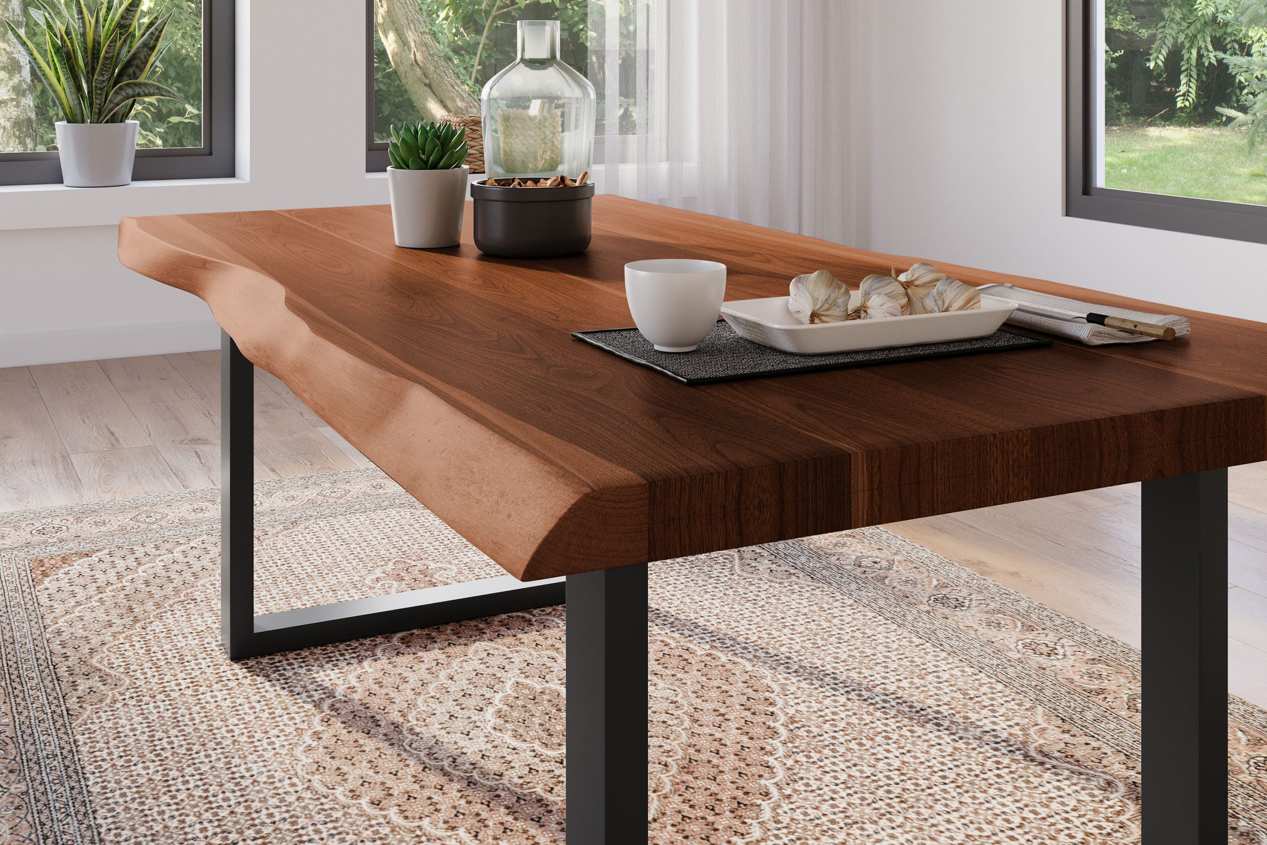 Esstisch 180 x 90 cm Akazie massiv nussbaum Baumkantentisch U-Gestell weiß ATLAS – Bild 5