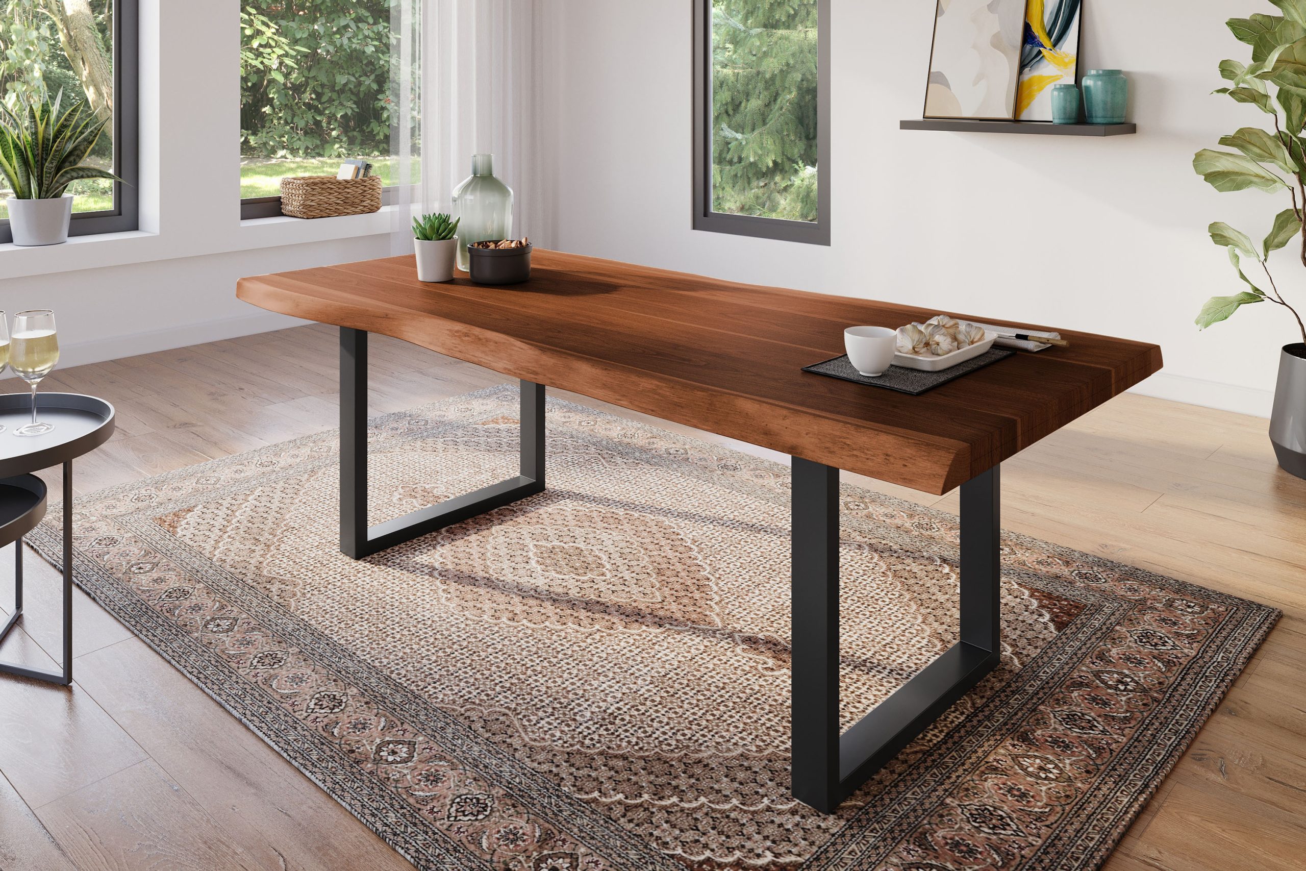 Esstisch 220 x 100 cm Akazie massiv nussbaum Baumkantentisch U-Gestell schwarz ATLAS