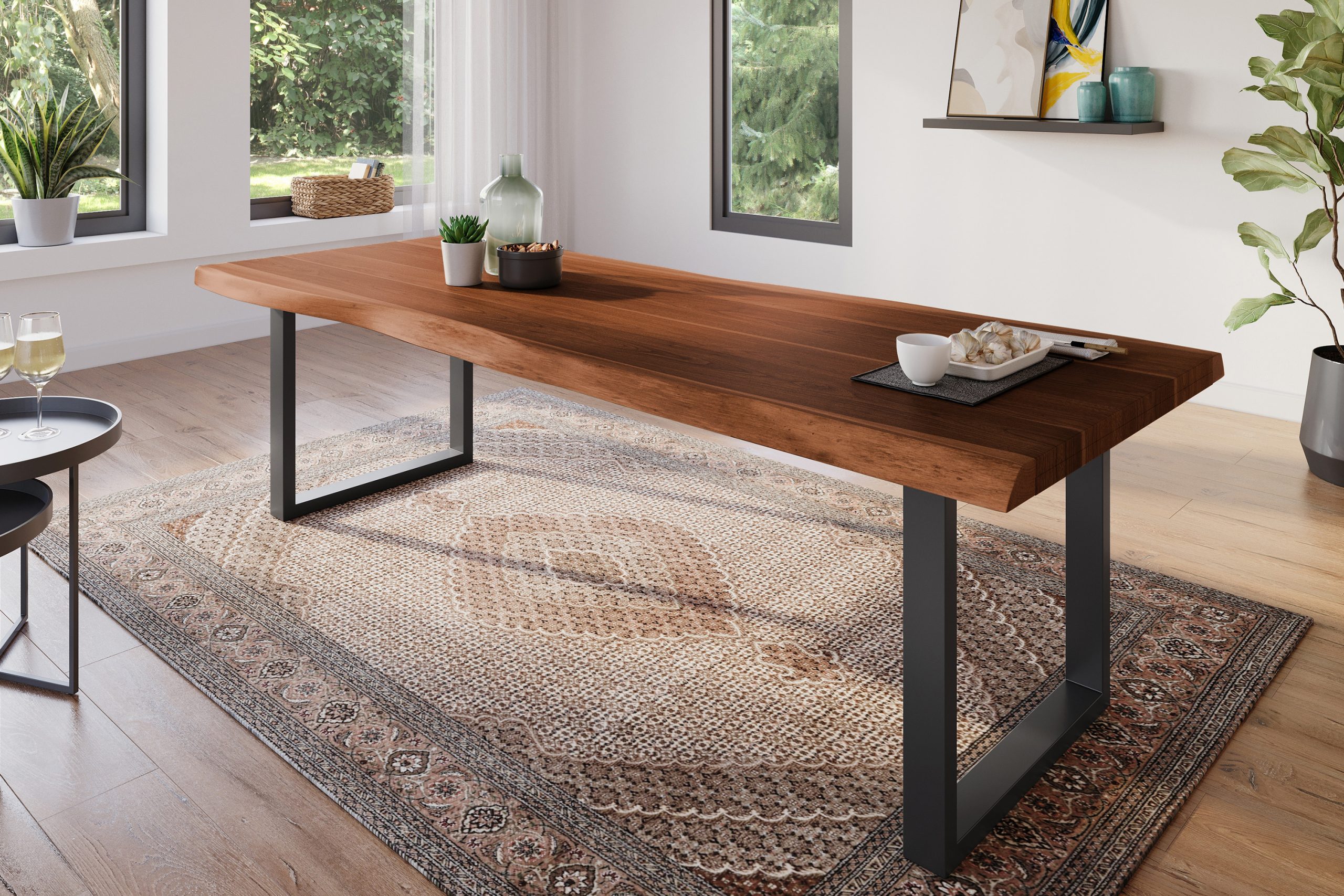 Esstisch 260 x 100 cm Akazie massiv nussbaum Baumkantentisch U-Gestell schwarz ATLAS