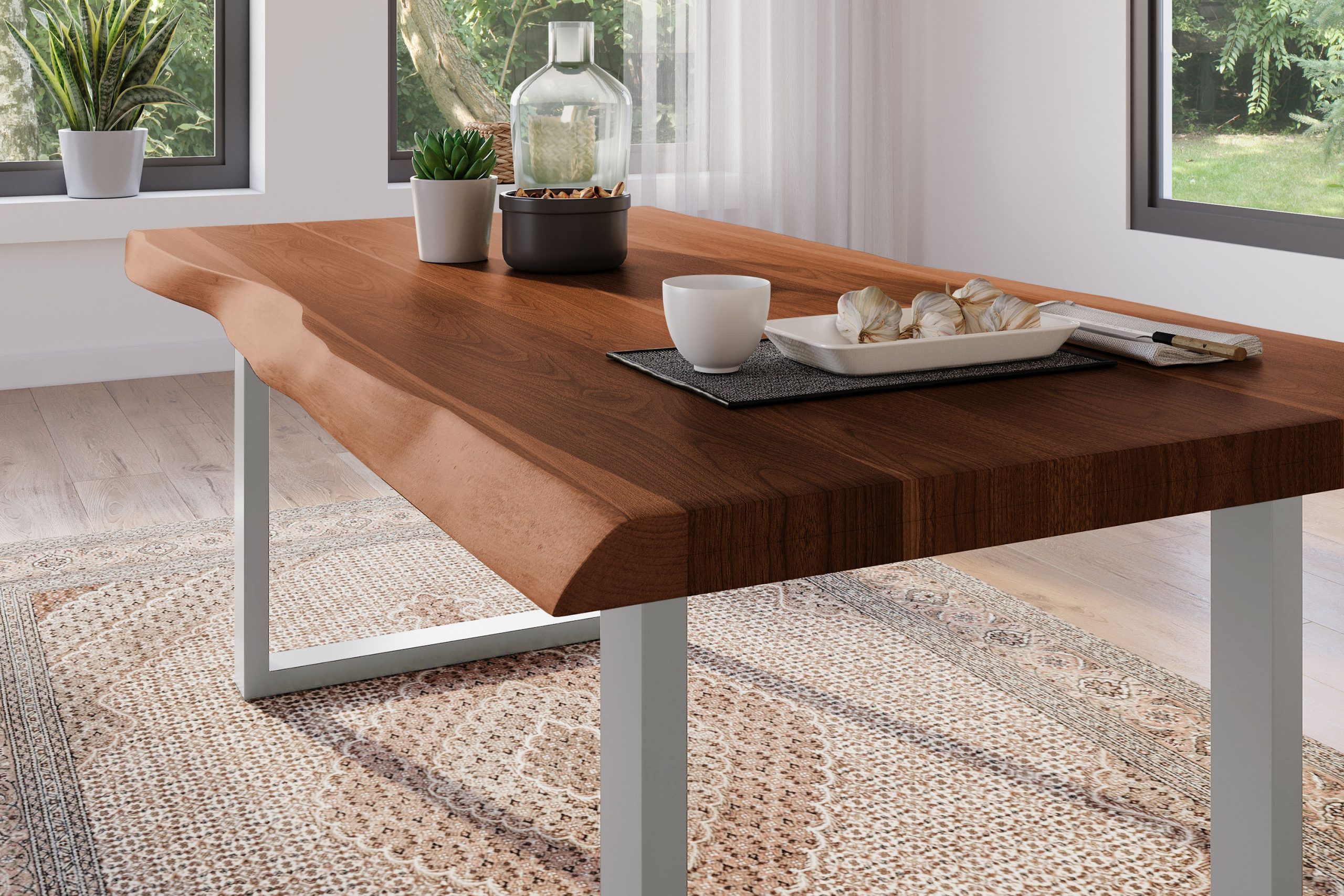 Esstisch 180 x 90 cm Akazie massiv nussbaum Baumkantentisch U-Gestell silber ATLAS – Bild 5