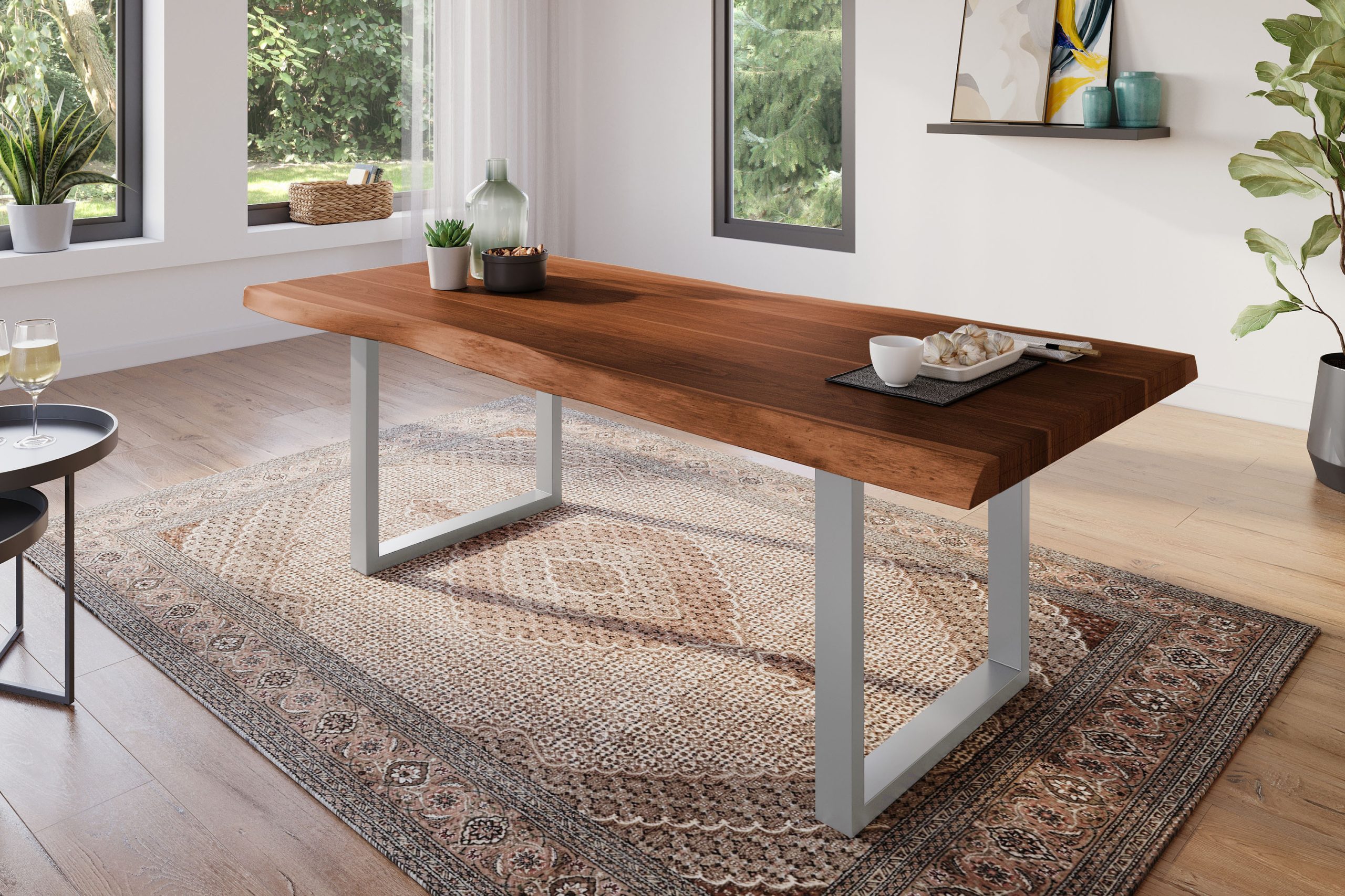 Esstisch 220 x 100 cm Akazie massiv nussbaum Baumkantentisch U-Gestell silber ATLAS