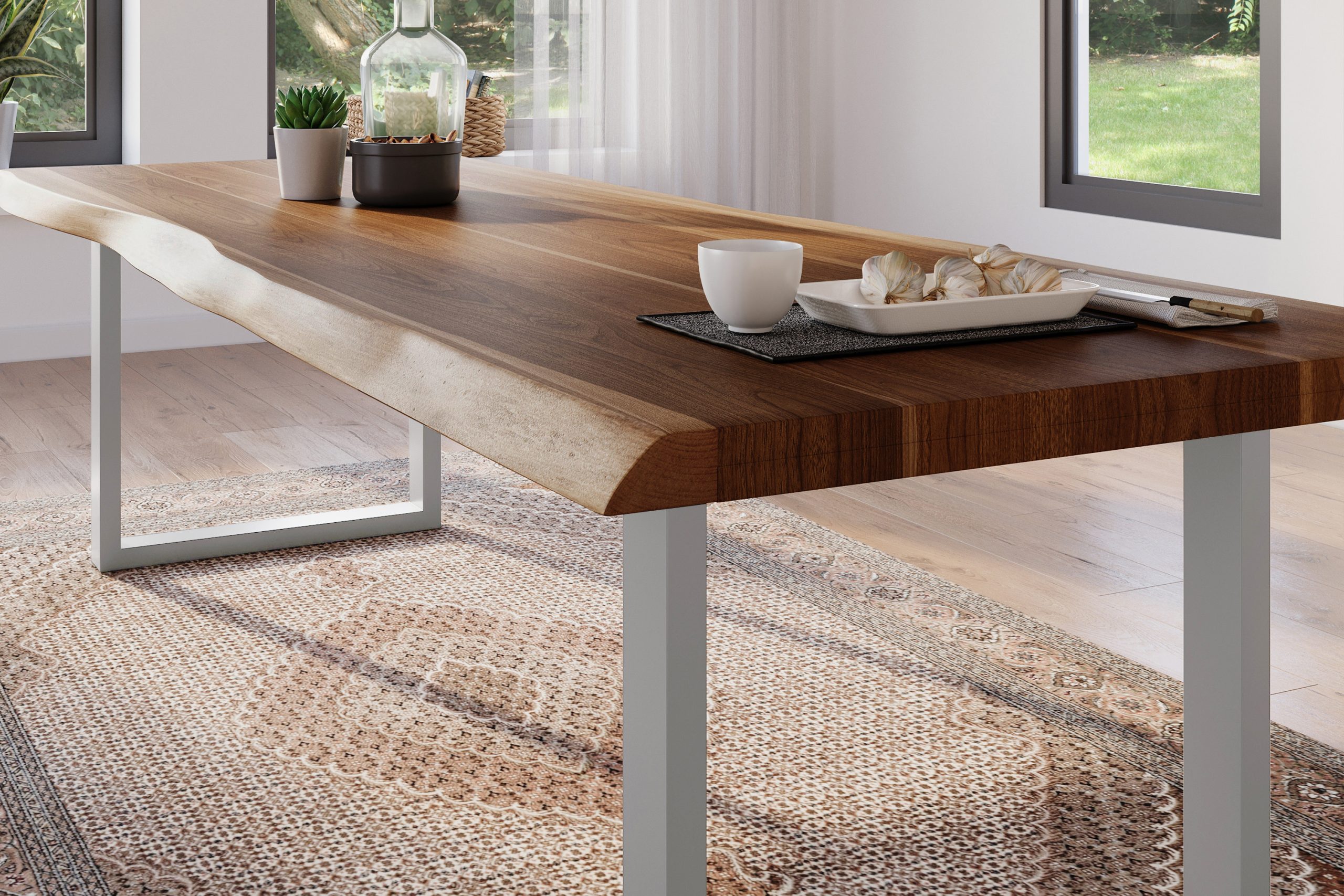 Esstisch 240 x 100 cm Akazie massiv nussbaum Baumkantentisch U-Gestell silber ATLAS – Bild 5