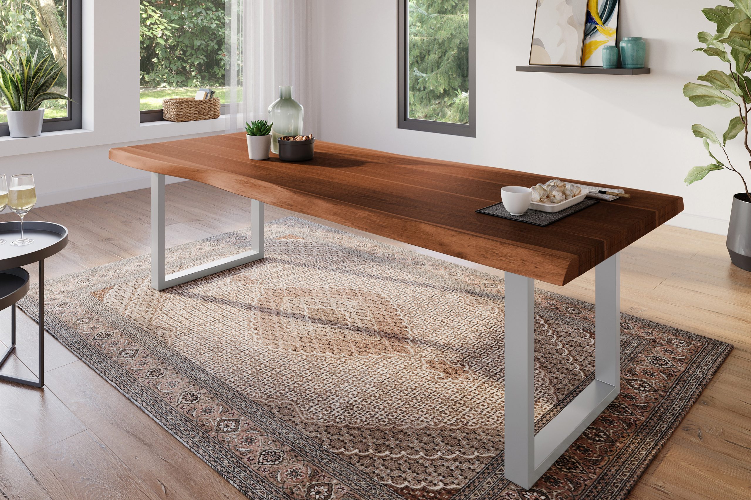 Esstisch 280 x 100 cm Akazie massiv nussbaum Baumkantentisch U-Gestell silber ATLAS