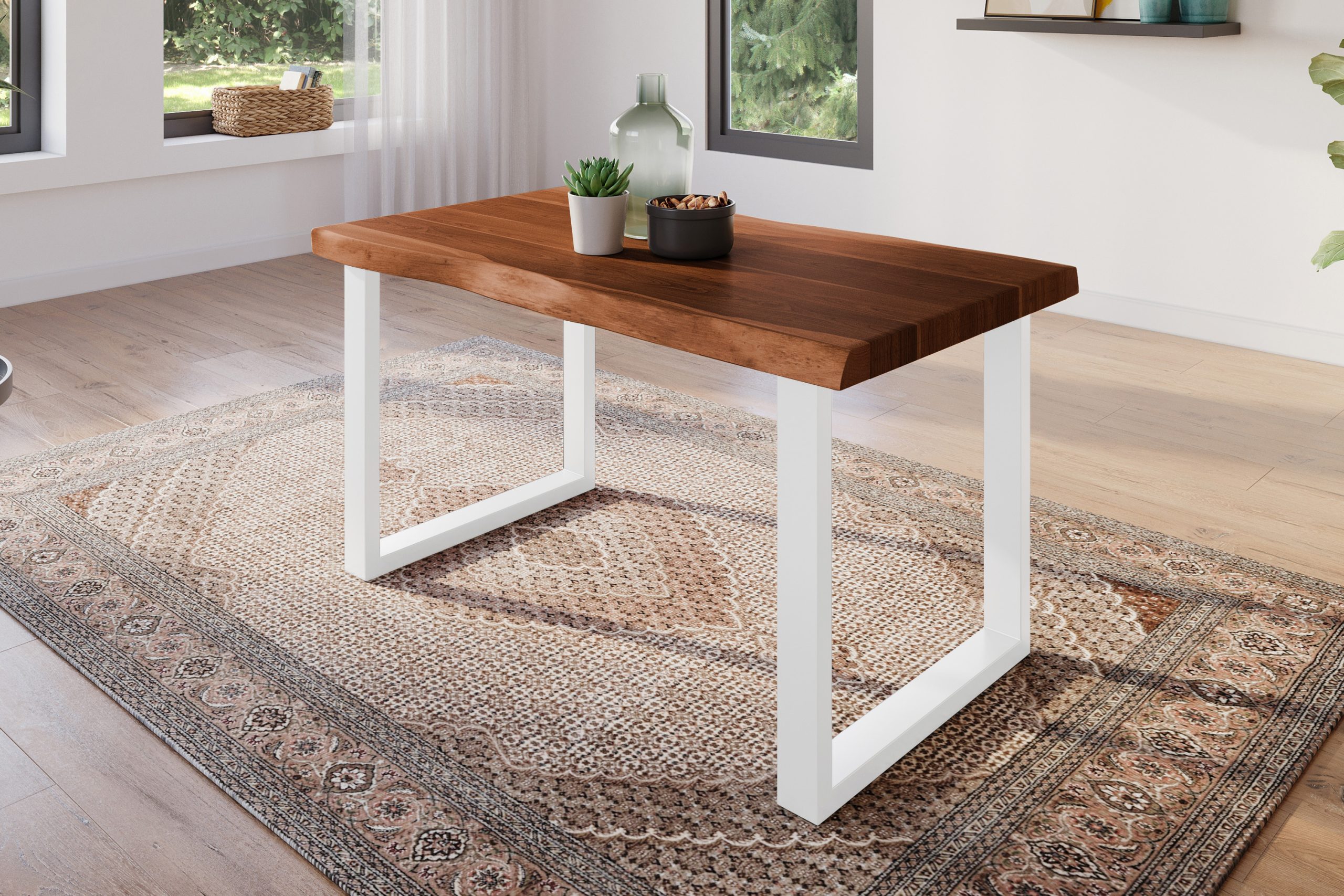 Esstisch 140 x 80 cm Akazie massiv nussbaum Baumkantentisch U-Gestell weiß ATLAS