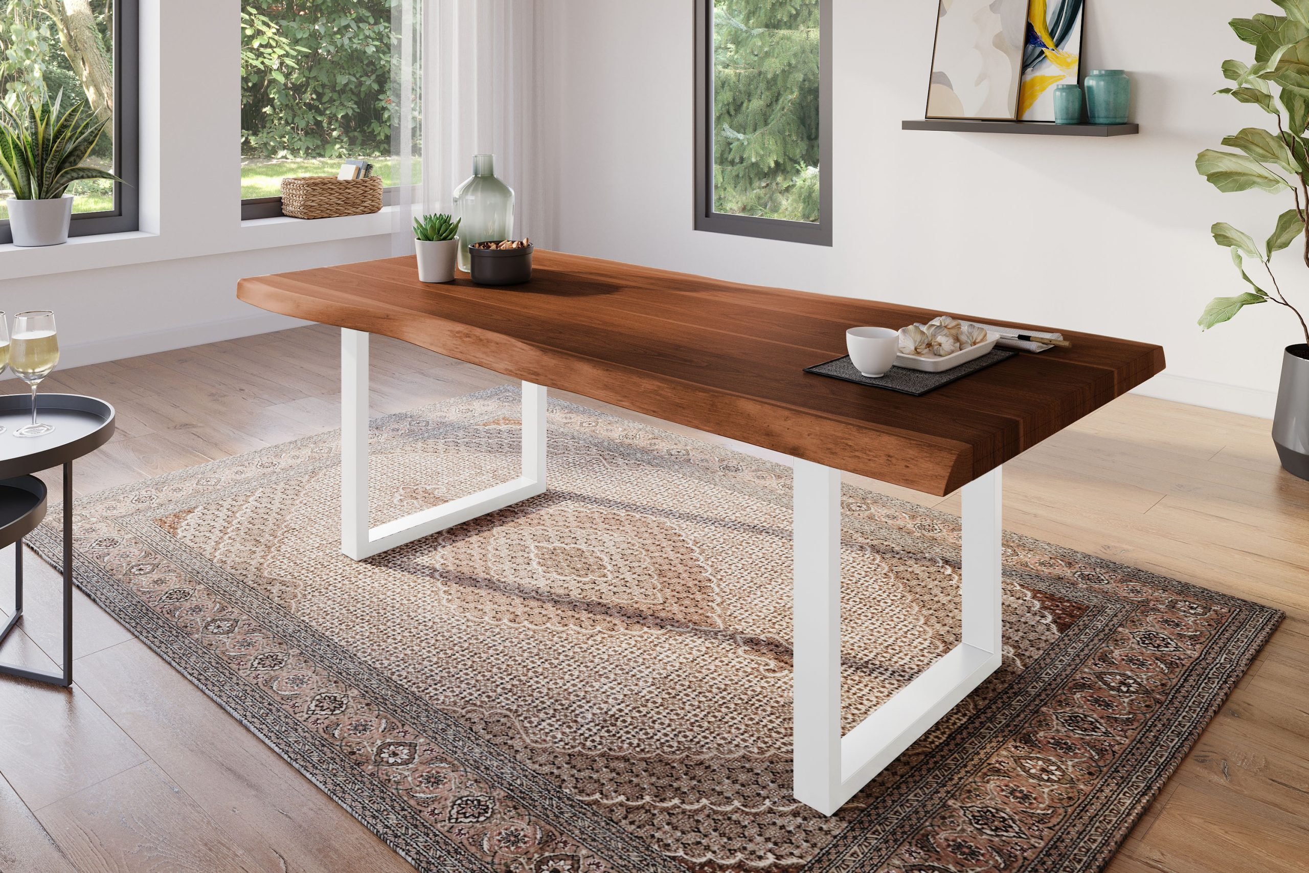 Esstisch 200 x 100 cm Akazie massiv nussbaum Baumkantentisch U-Gestell weiß ATLAS